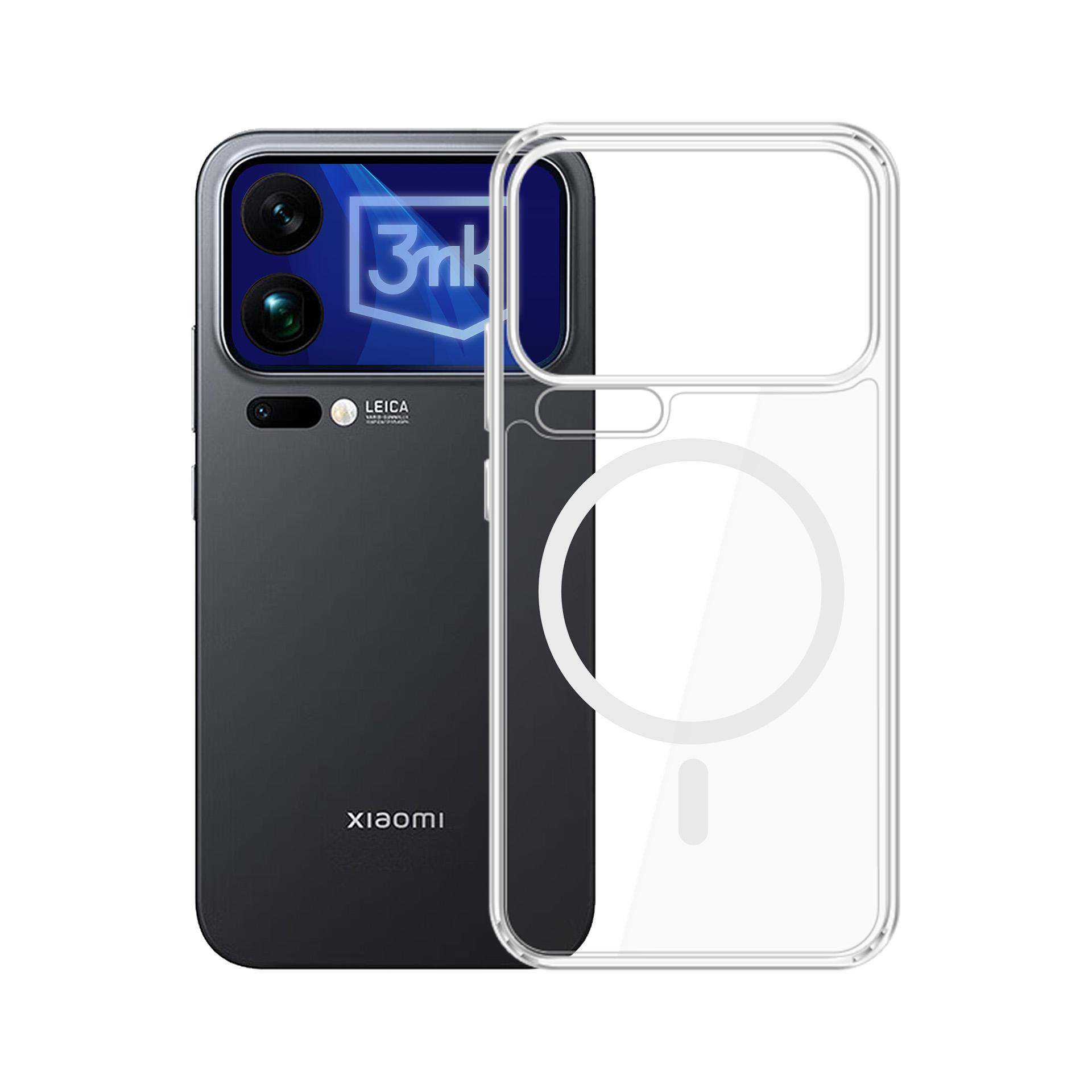 Czarny smartfon z aparatem Leica i przezroczystym etui MagSafe.