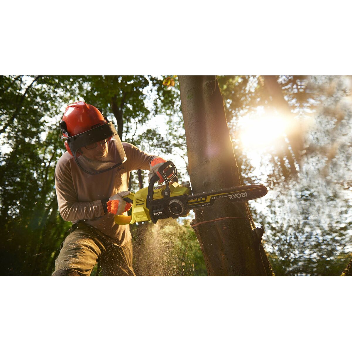 Mann mit Schutzkleidung benutzt Kettensäge an Baum. Sägespäne fliegen.