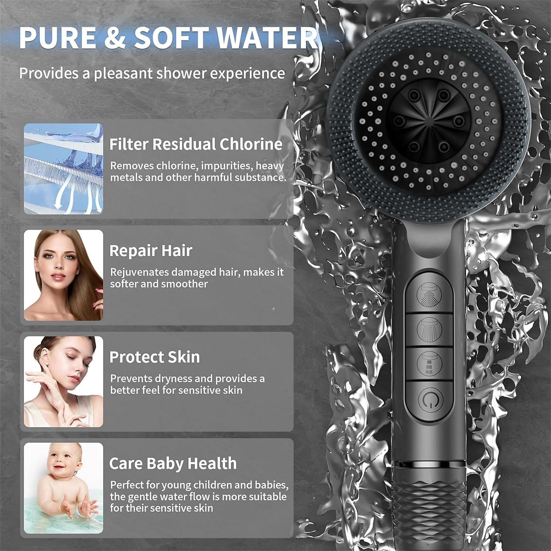 Duschkopf mit Wasser umgeben, zeigt Vorteile wie Chlorfilterung, Haar- und Hautpflege.