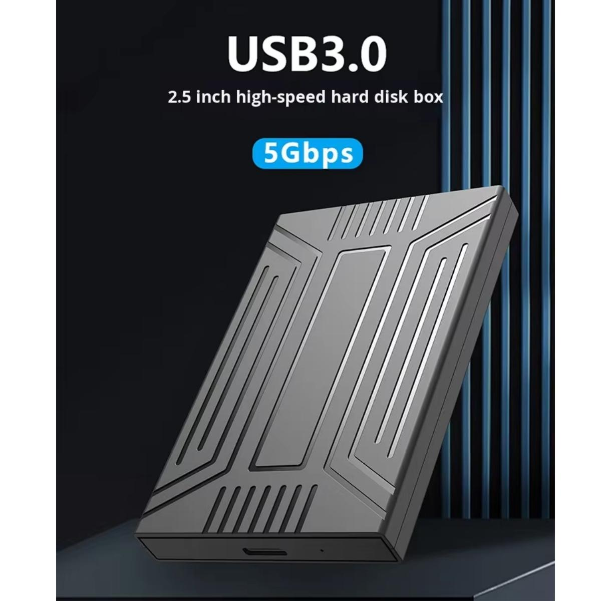 Graues 2,5-Zoll-Festplattengehäuse mit USB 3.0 und 5 Gbit/s.