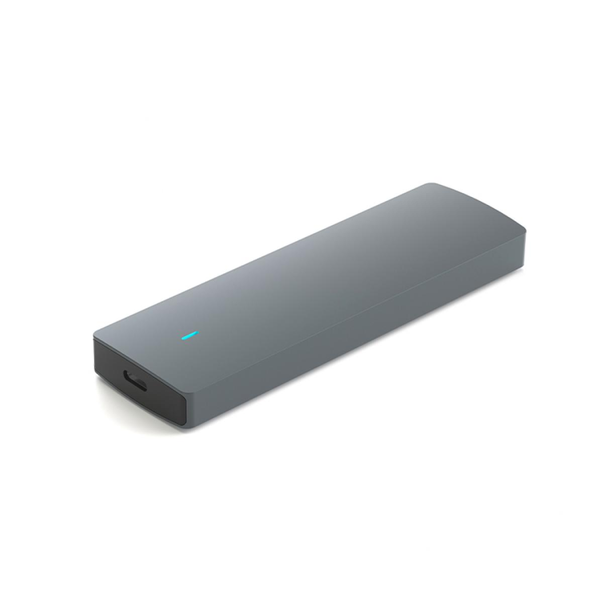 Graues rechteckiges Gerät mit blauem Licht und USB-Anschluss.