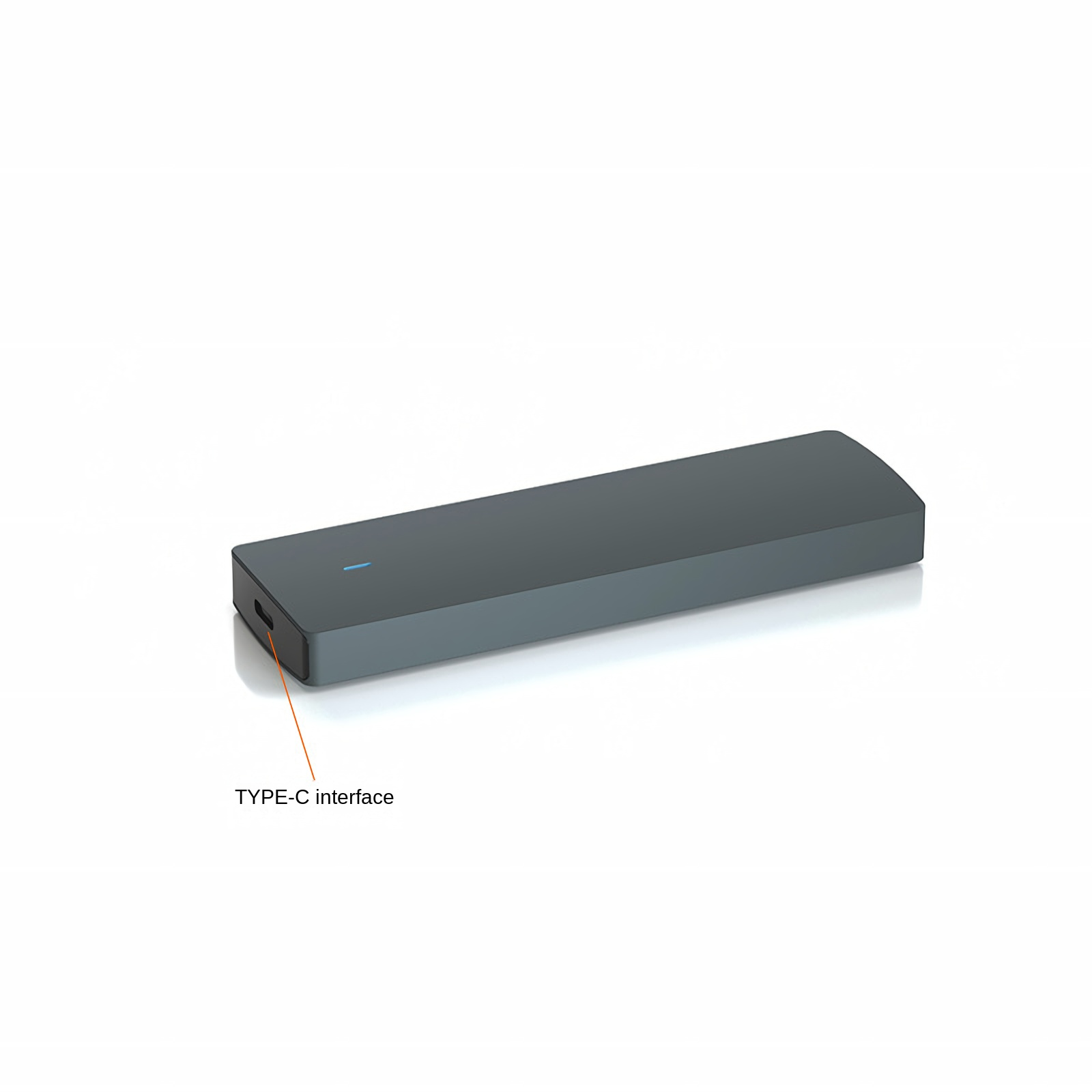 Ein dunkler, rechteckiger USB-C-Anschluss mit blauem Licht.