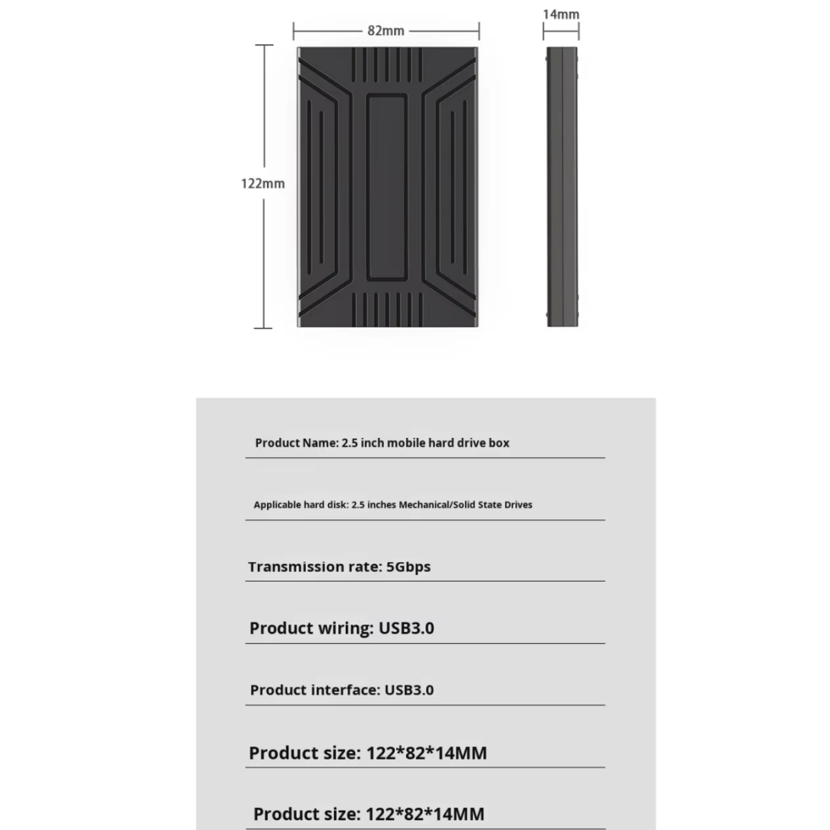Schwarze Festplattenbox, 122x82x14mm, mit Maßen und USB 3.0 Spezifikationen.