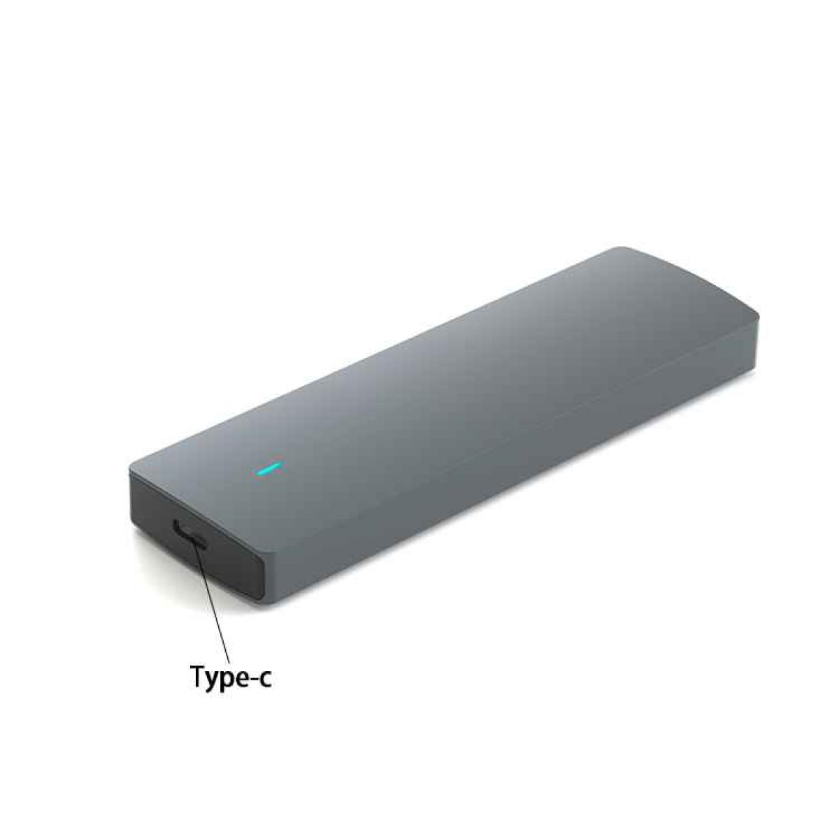 Graues externes SSD-Gehäuse mit Typ-C-Anschluss und blauem Licht.