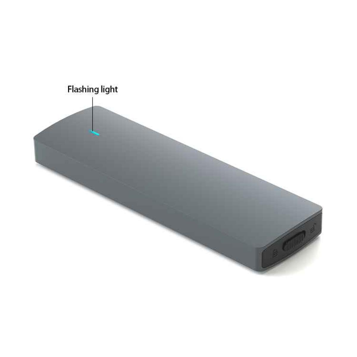 Graues rechteckiges Gerät mit blauem Blinklicht und einem Schalter.