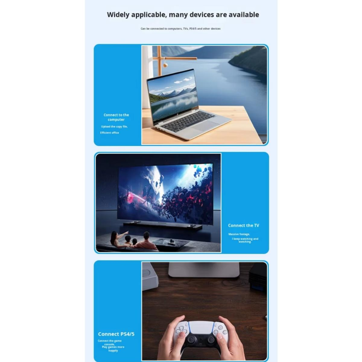 Ein Laptop auf einem Schreibtisch, ein Fernseher mit Spiel, ein Controller.