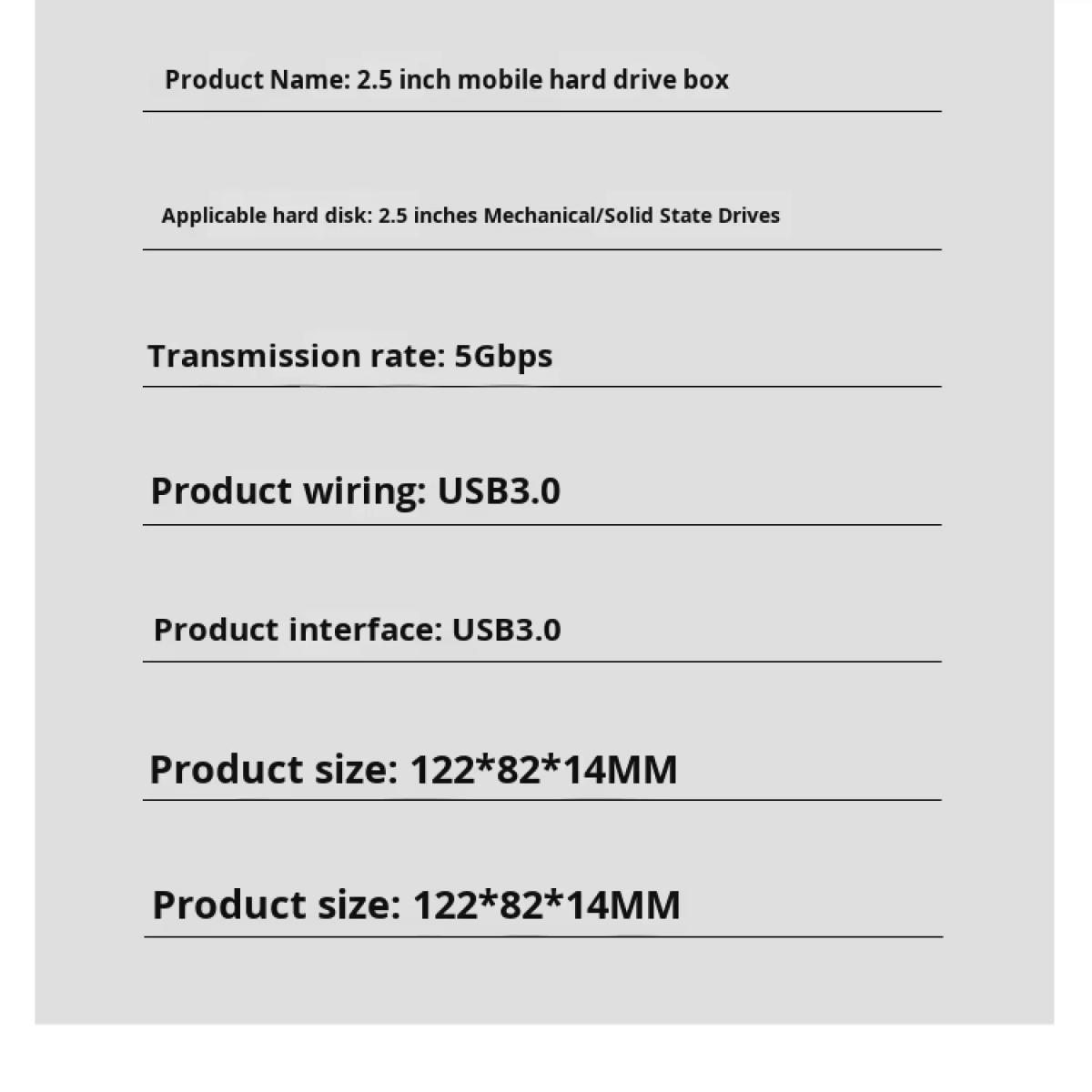 Produktspezifikationen: 2,5-Zoll-Festplattengehäuse, USB 3.0, 5 Gbit/s.