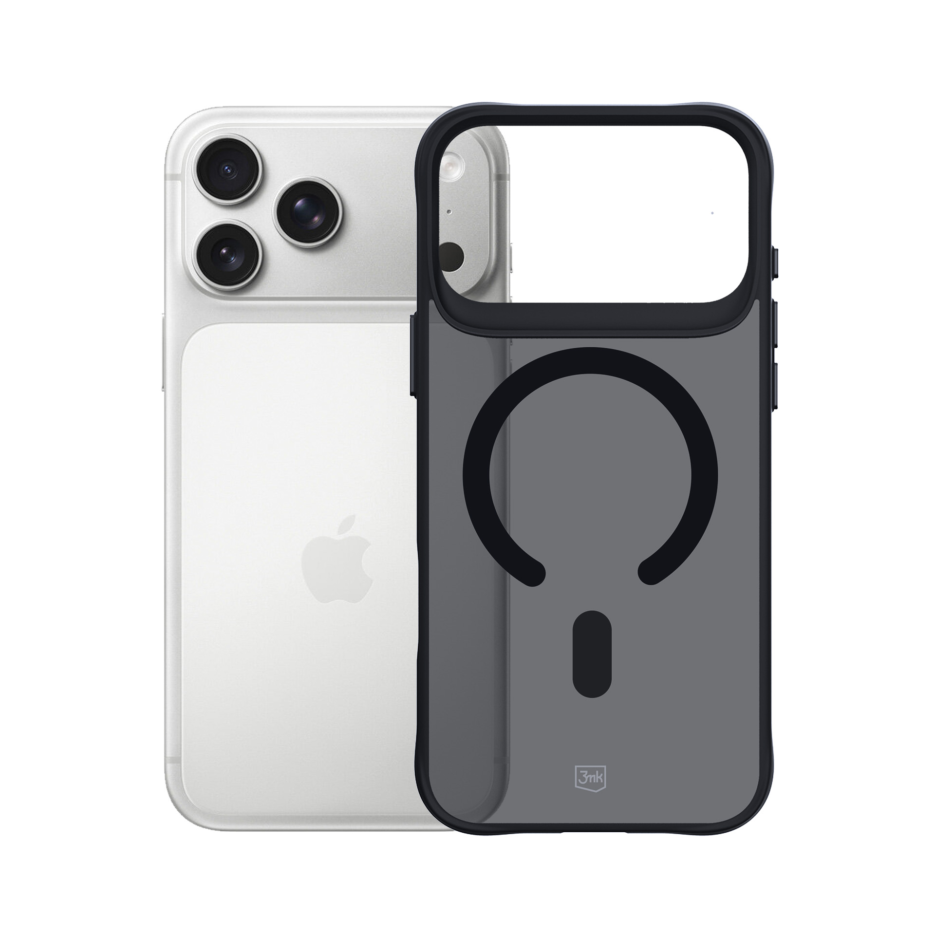 Biały iPhone obok czarnego etui z pierścieniem magnetycznym.