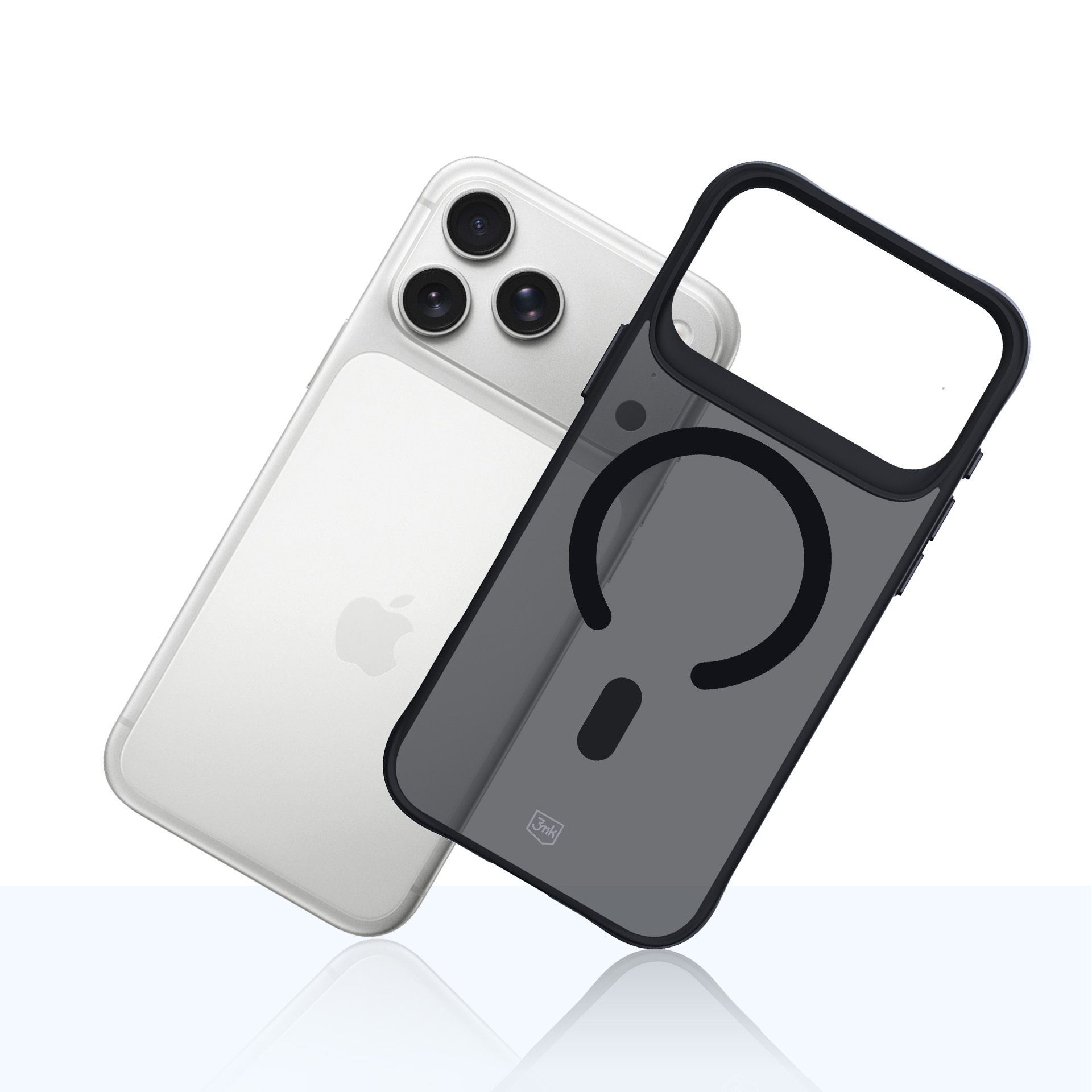 Biały iPhone z trzema aparatami i ciemną obudową obok.