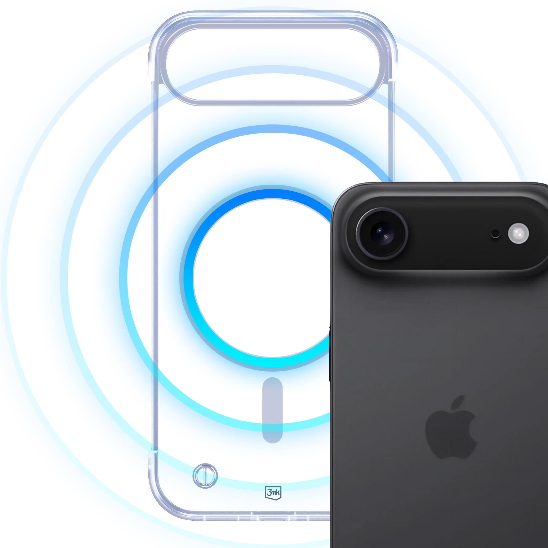 Czarne etui na iPhone z przezroczystym tłem i niebieskimi pierścieniami.