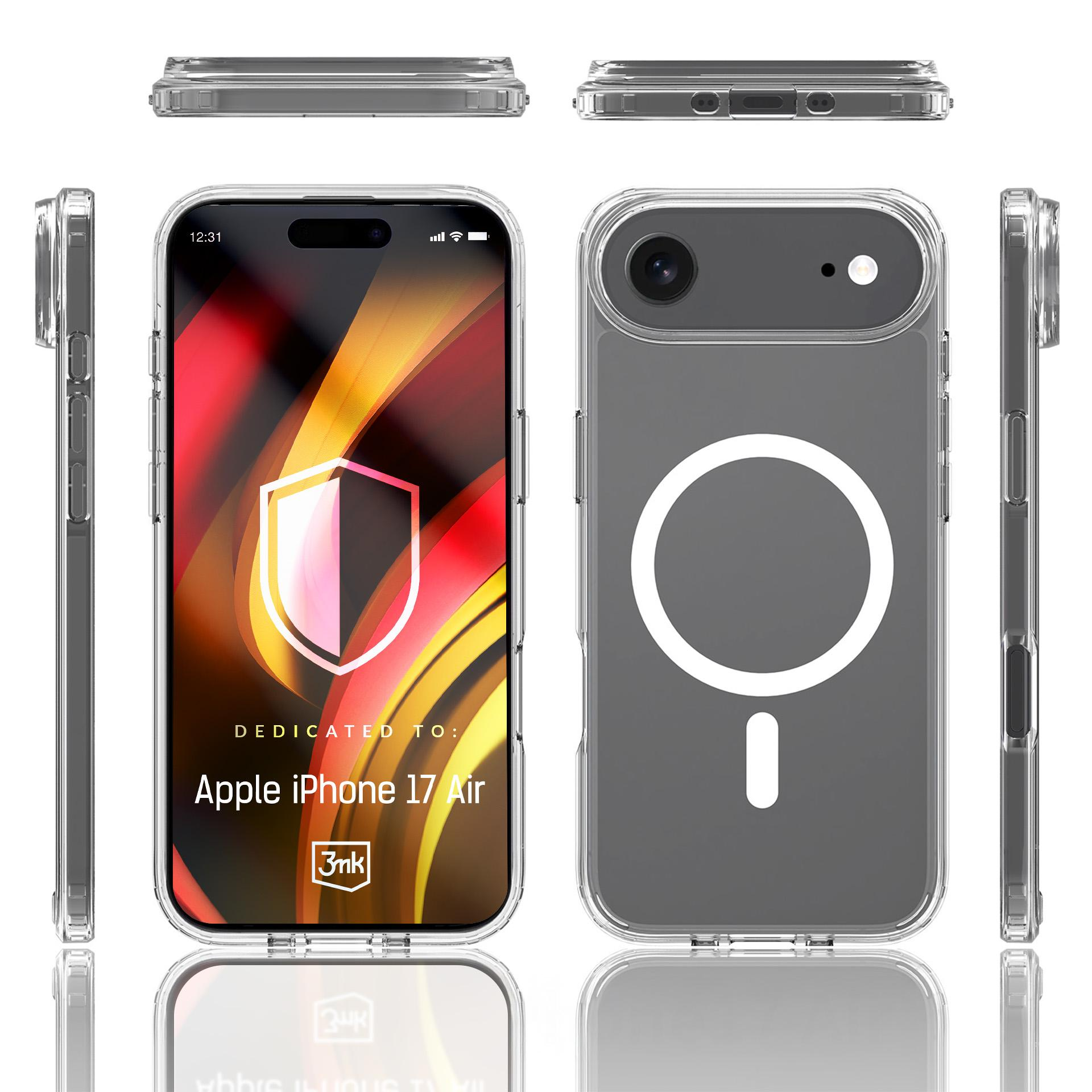 Przezroczyste etui do iPhone'a 17 Air z pierścieniem magnetycznym. Widoki z przodu, tyłu, góry, dołu i boków.