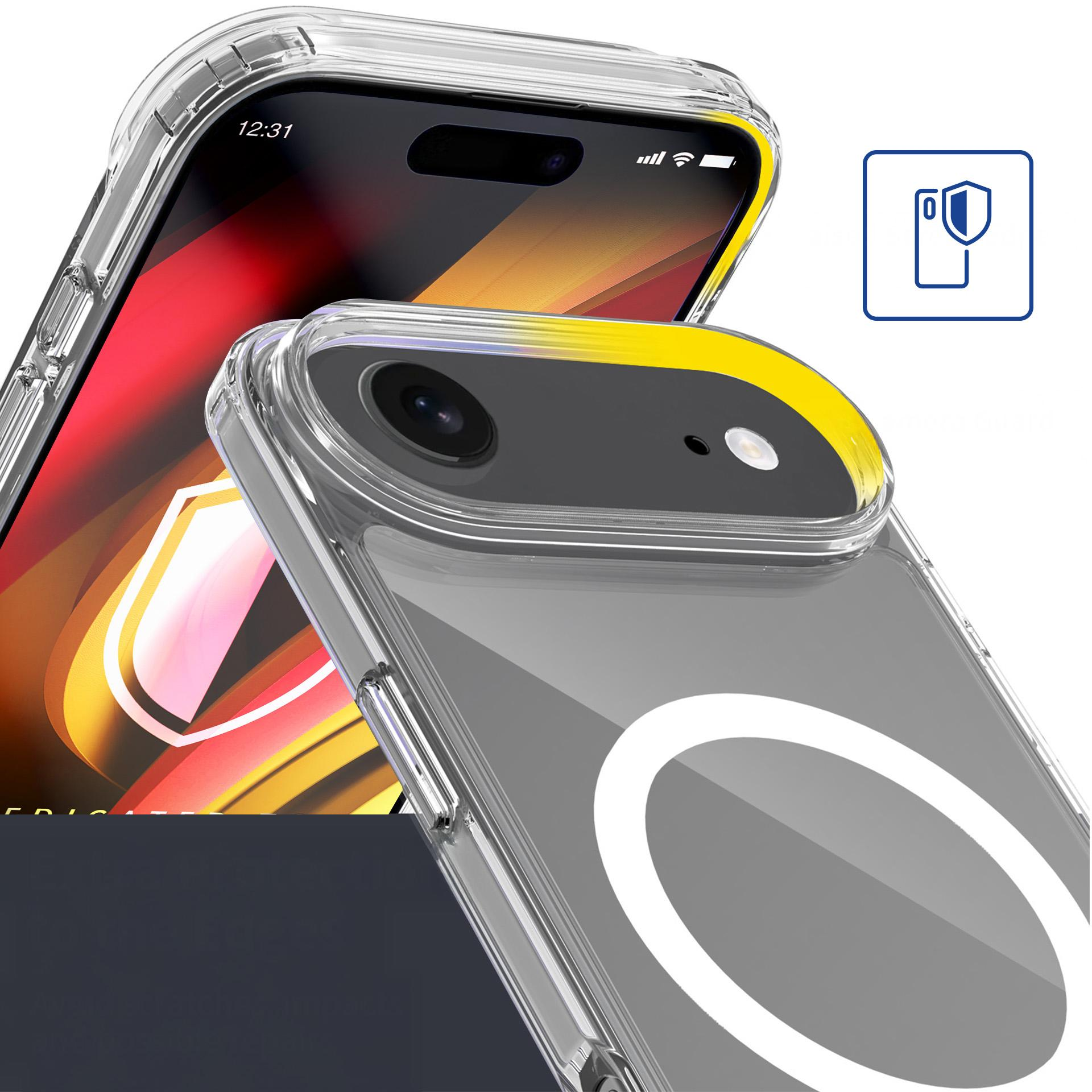 Przezroczyste etui na telefon z żółtą ramką i ikoną tarczy.