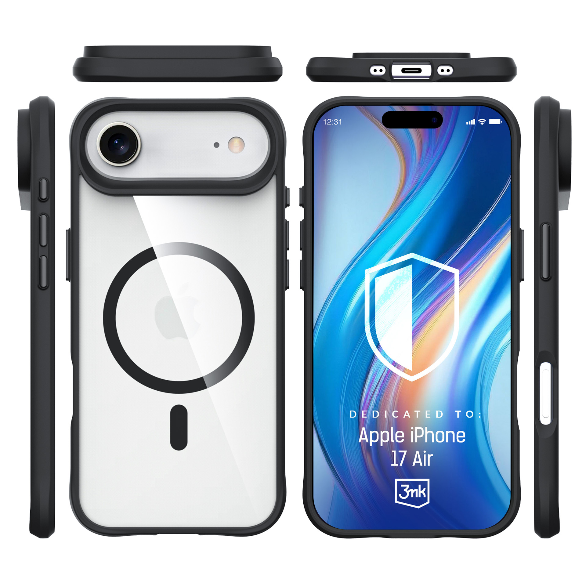 Czarne etui na telefon z przezroczystym tyłem, pokazujące logo Apple i pierścień MagSafe.