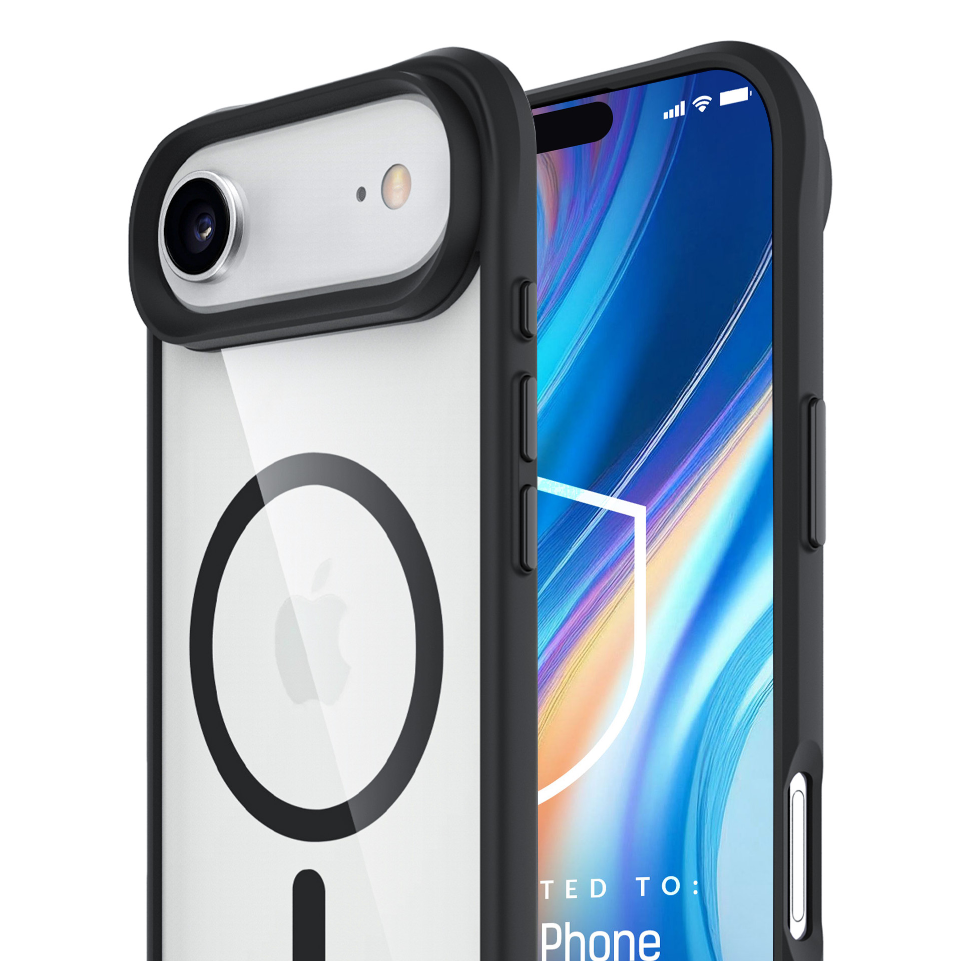 Czarno-przezroczyste etui na telefon z logo Apple i aparatem.