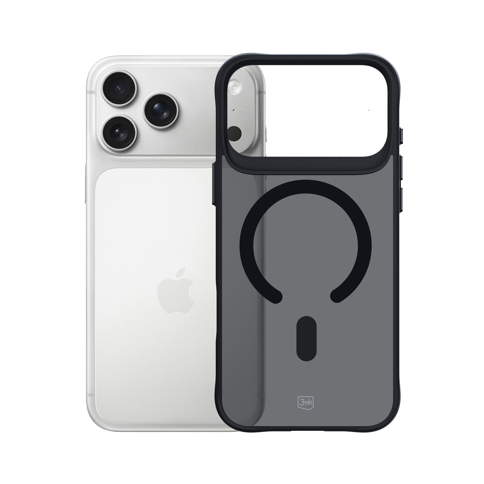Srebrny iPhone leży obok ciemnej obudowy telefonu z pierścieniem magnetycznym.