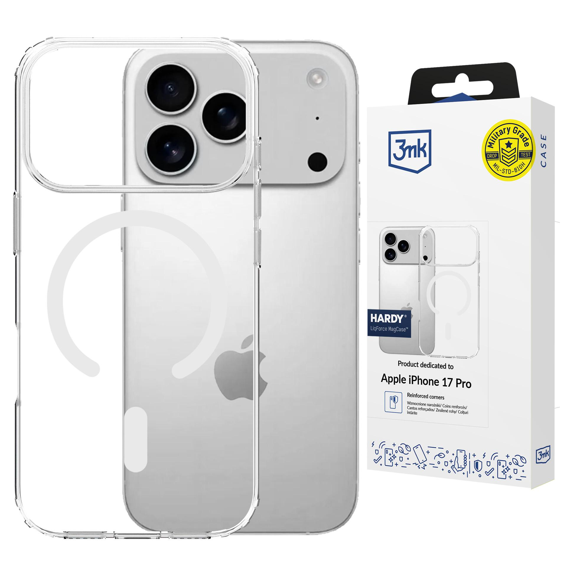 Przezroczyste etui na iPhone 17 Pro obok opakowania.