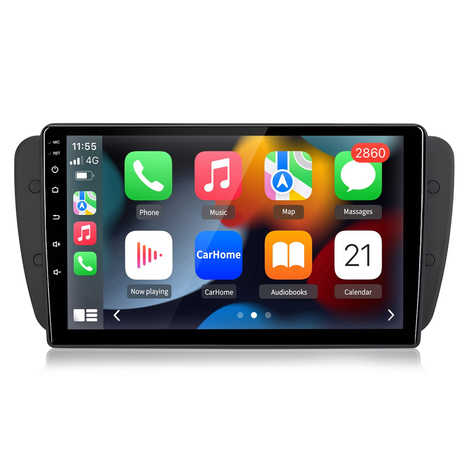 Una pantalla de infoentretenimiento de coche muestra iconos de apps como Teléfono, Música y Mapas.