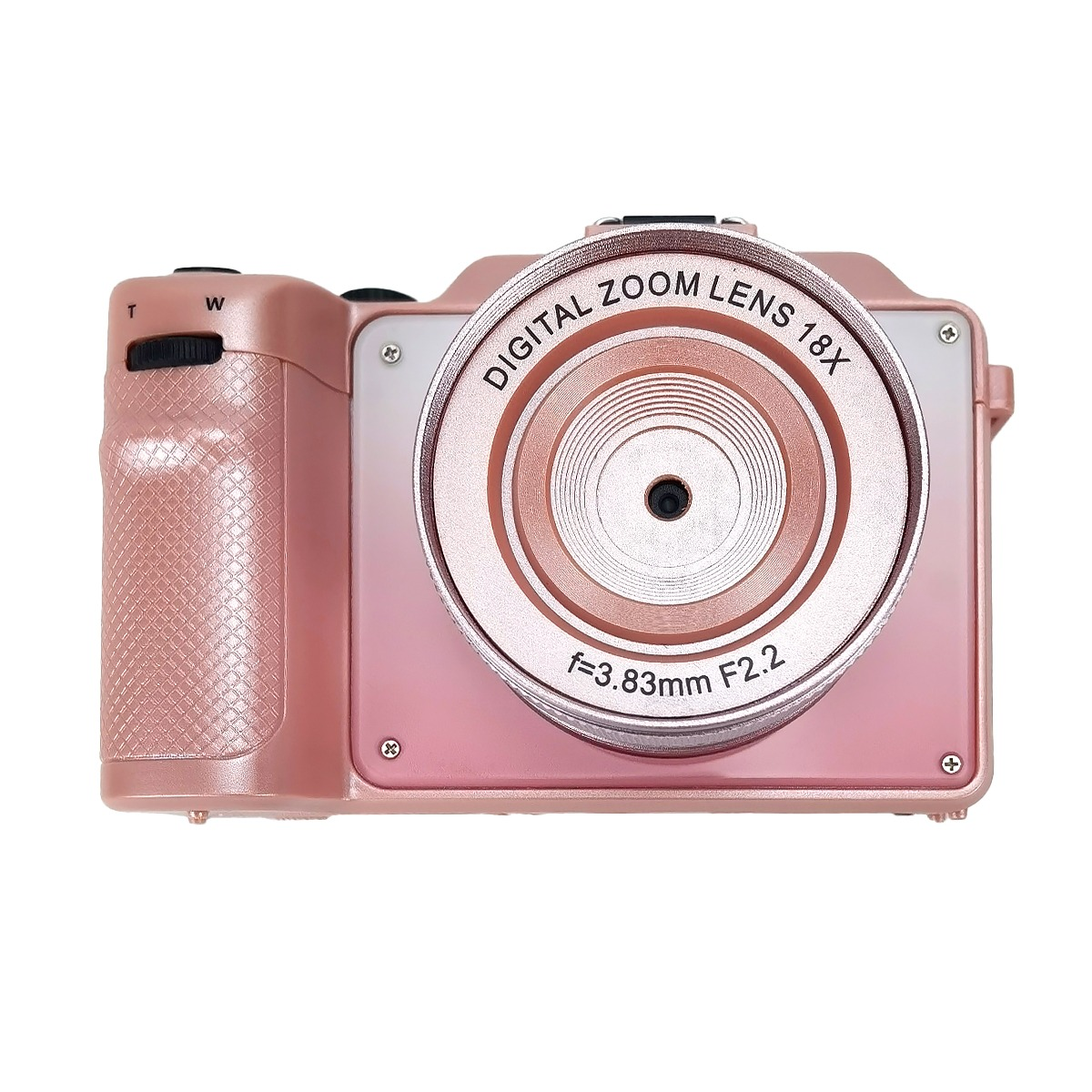 Różowy aparat cyfrowy z obiektywem zmiennoogniskowym 18x i funkcją makro.
