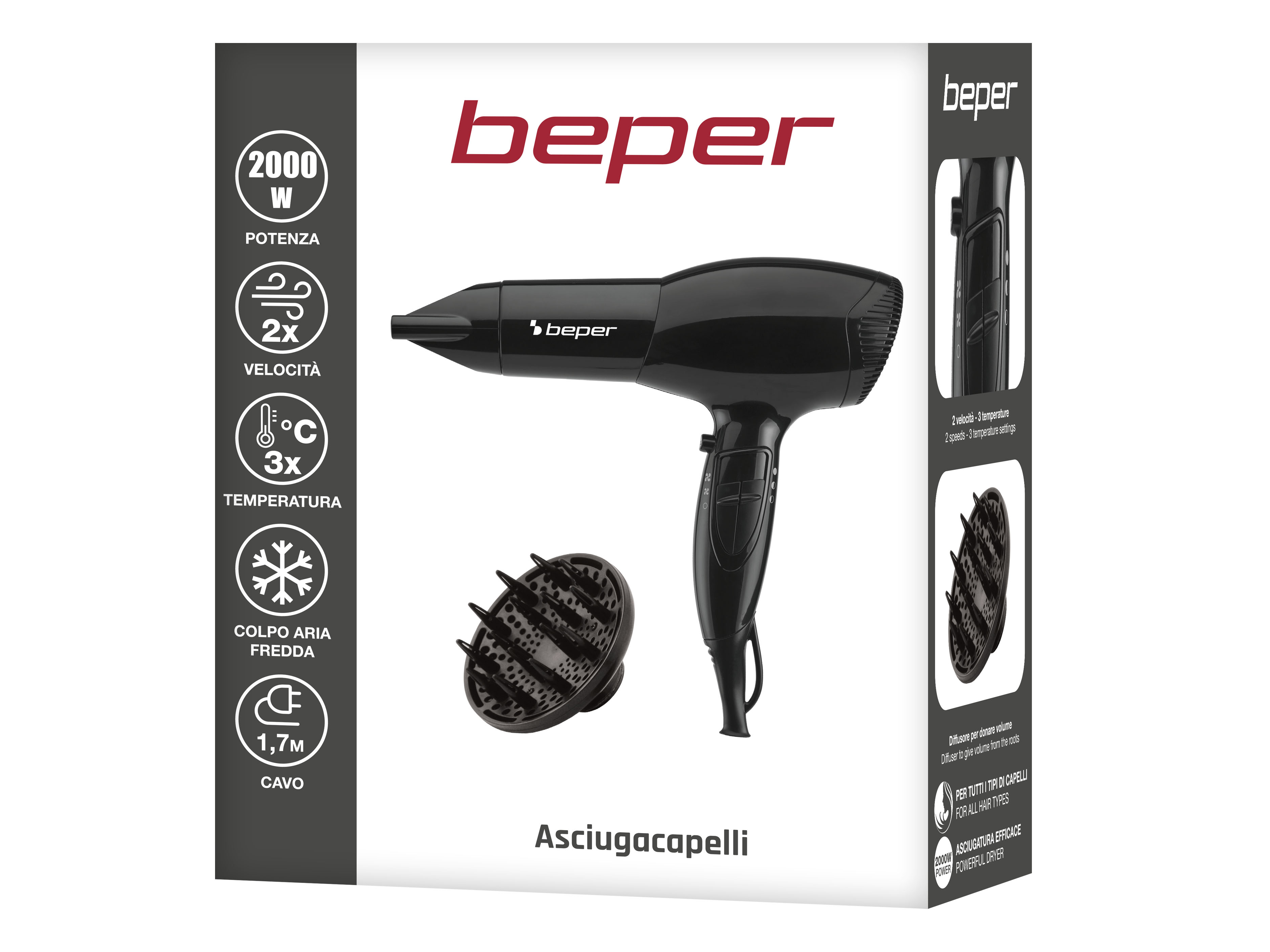 Asciugacapelli Beper nero con 2 velocità e 3 impostazioni di temperatura.