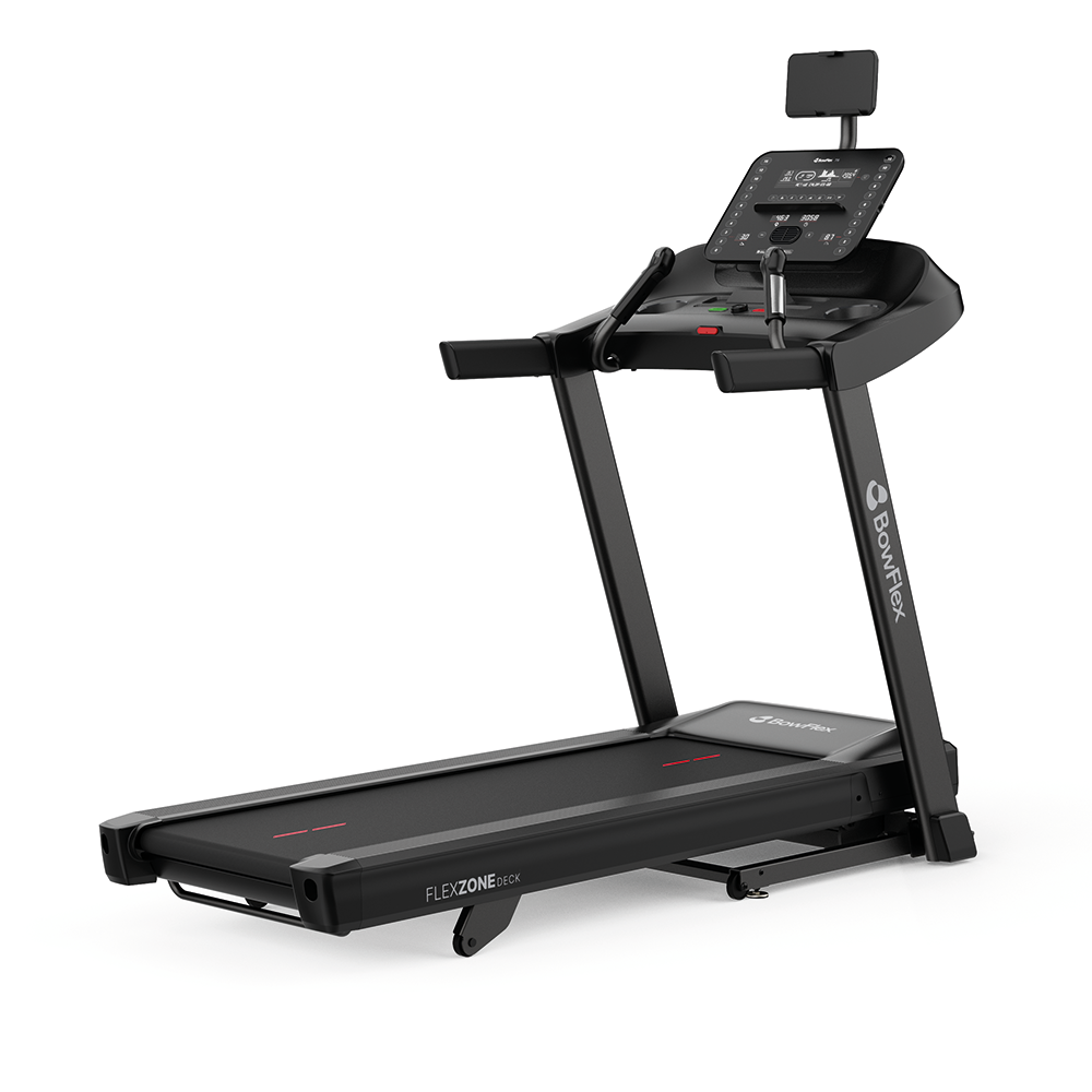 A black treadmill with a screen and handles, isolated on a white background.