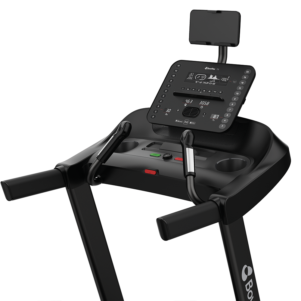 A black treadmill with a console featuring a display, buttons, and cup holders.