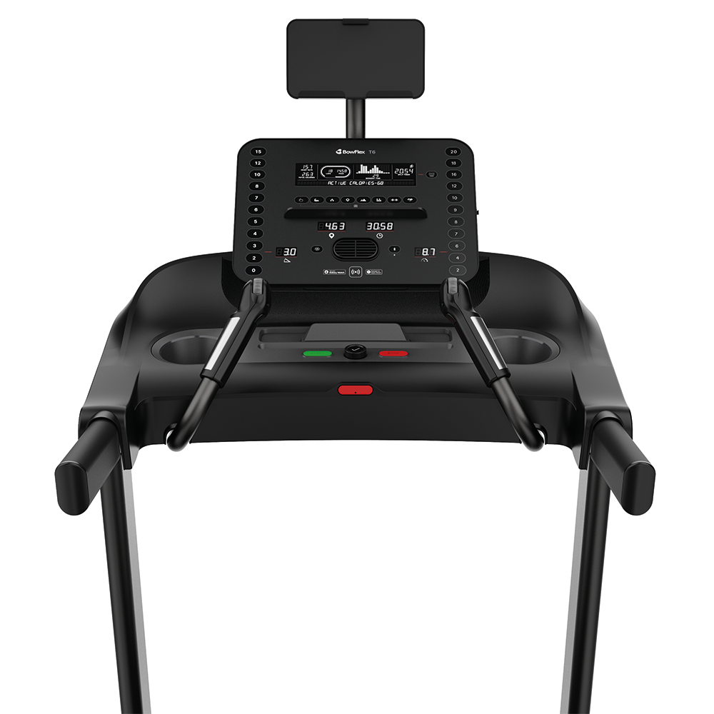 Black treadmill with digital display, cup holders, and safety key slot.