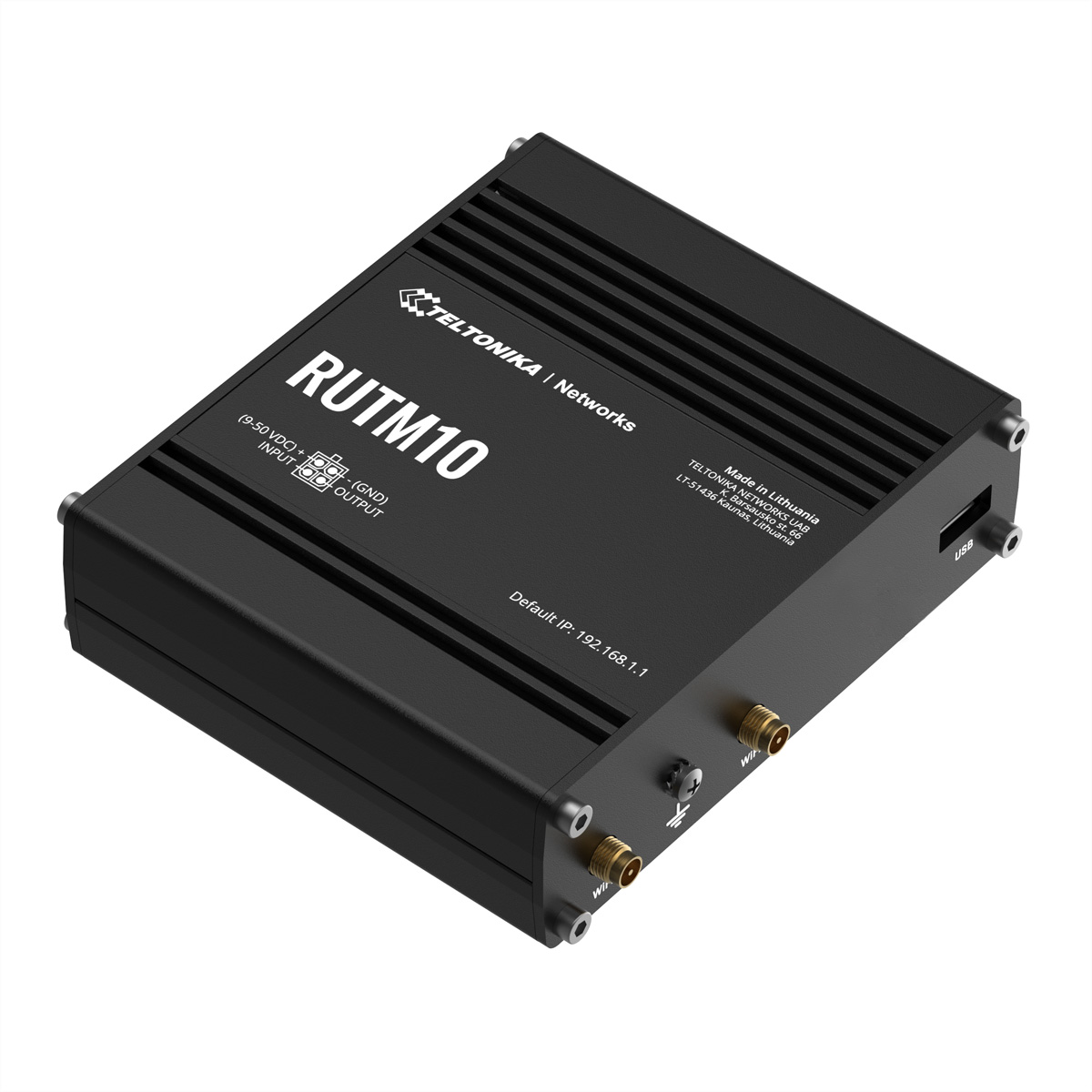 Czarny router Teltonika RUTM10 z portami, USB i etykietami.