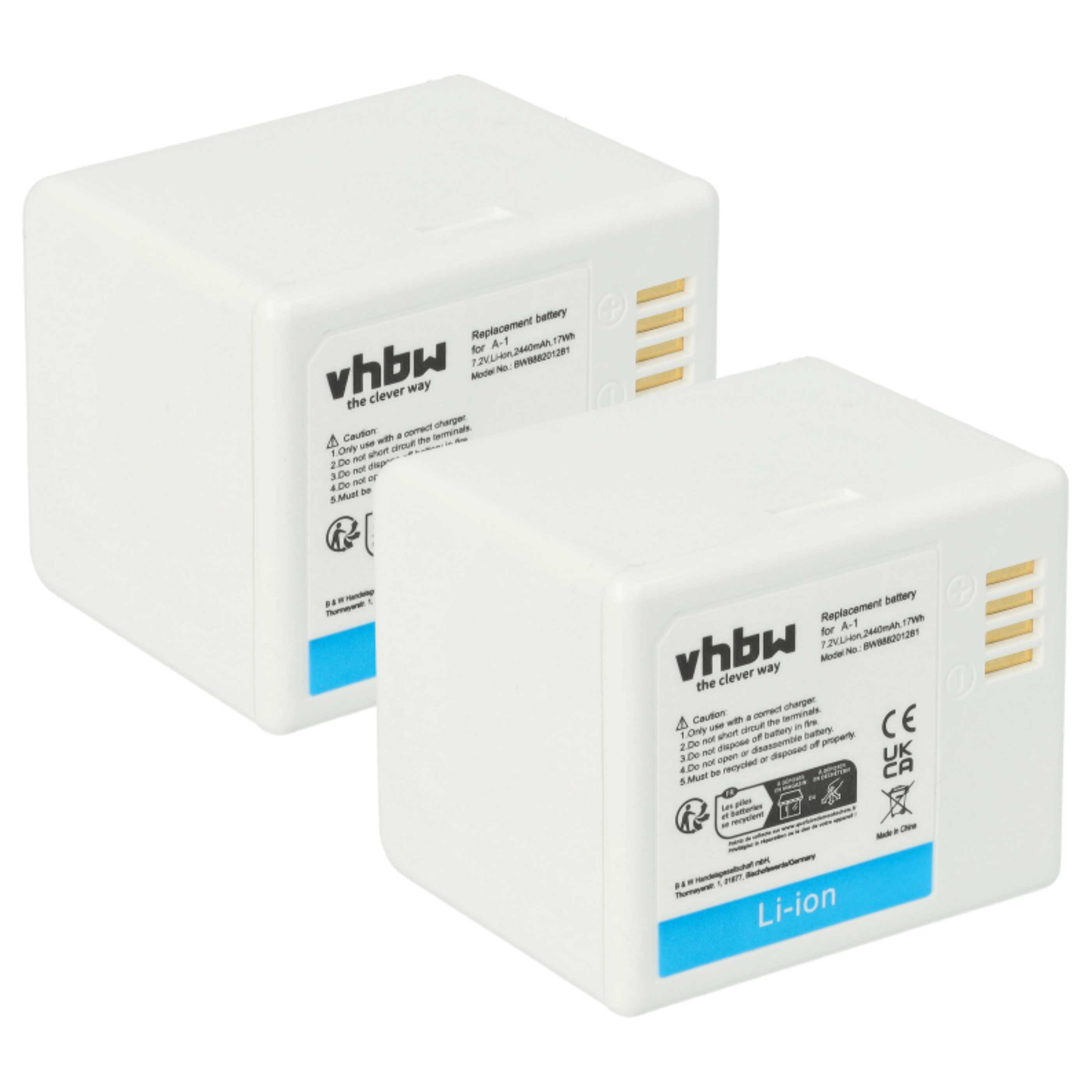 Zwei weiße VHBW Li-Ion-Akkus für A-1 mit technischen Details und Warnhinweisen.