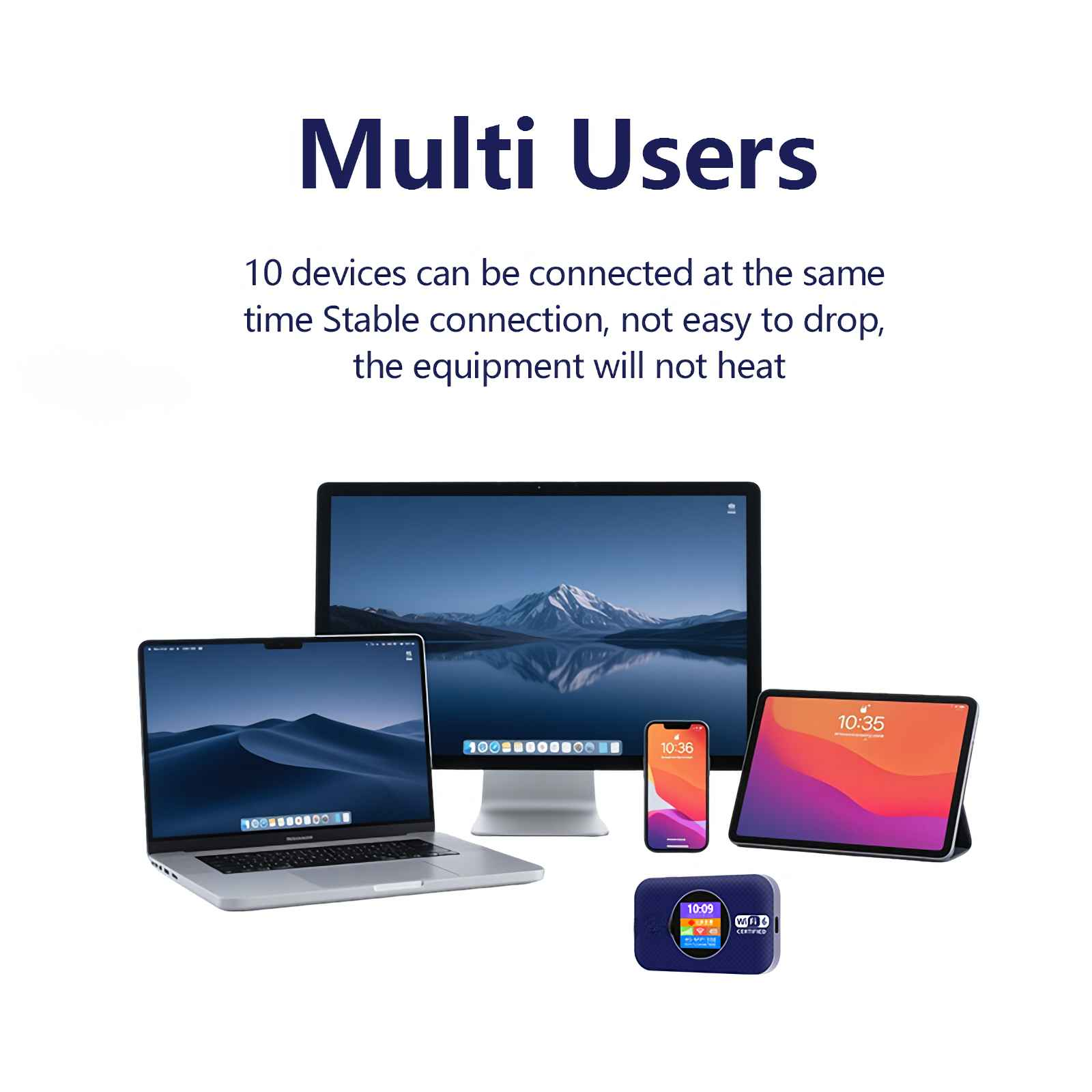 Ein Laptop, ein Desktop, ein Smartphone, ein Tablet und ein MiFi-Gerät.