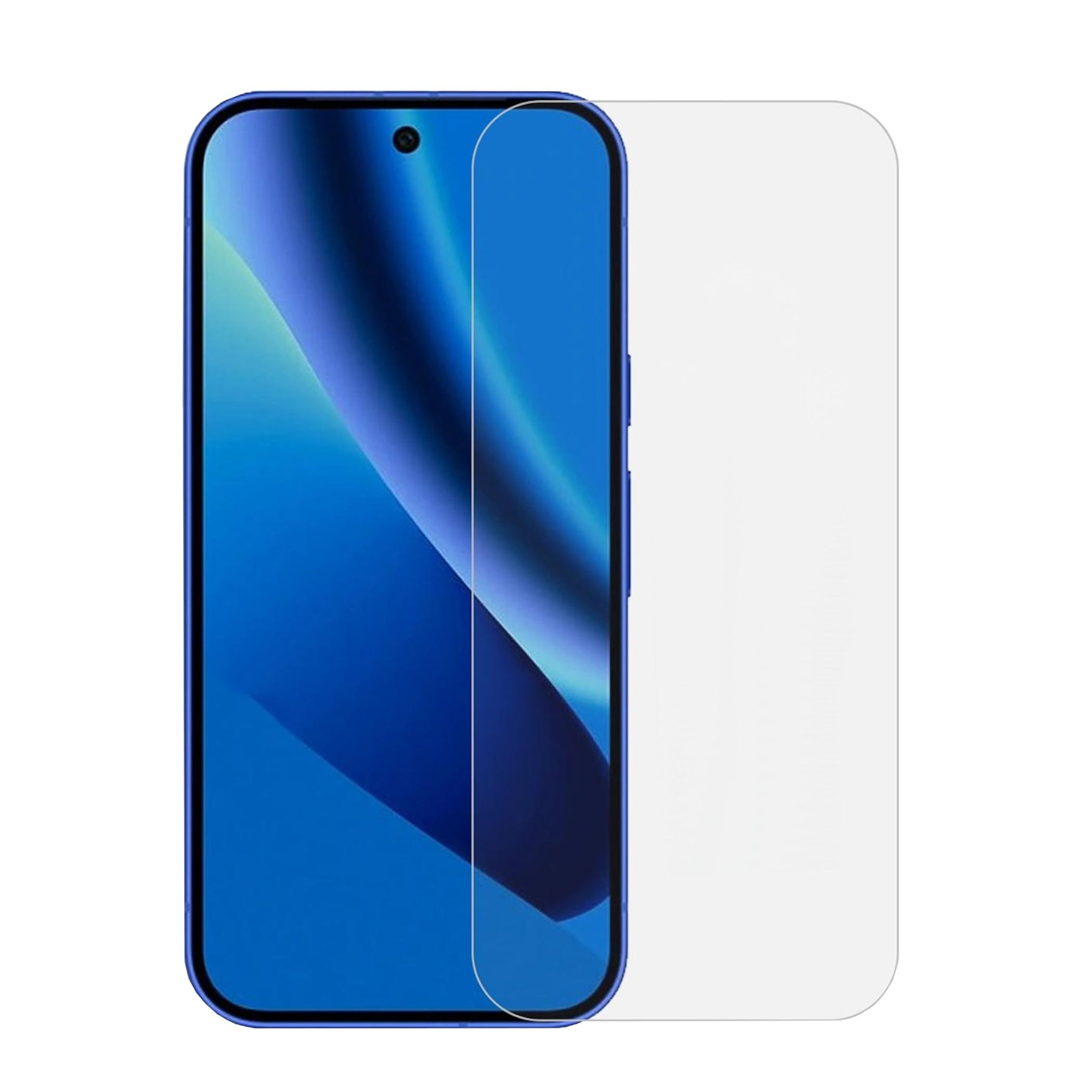 Ein blaues Smartphone mit einem Displayschutz, der daneben liegt.
