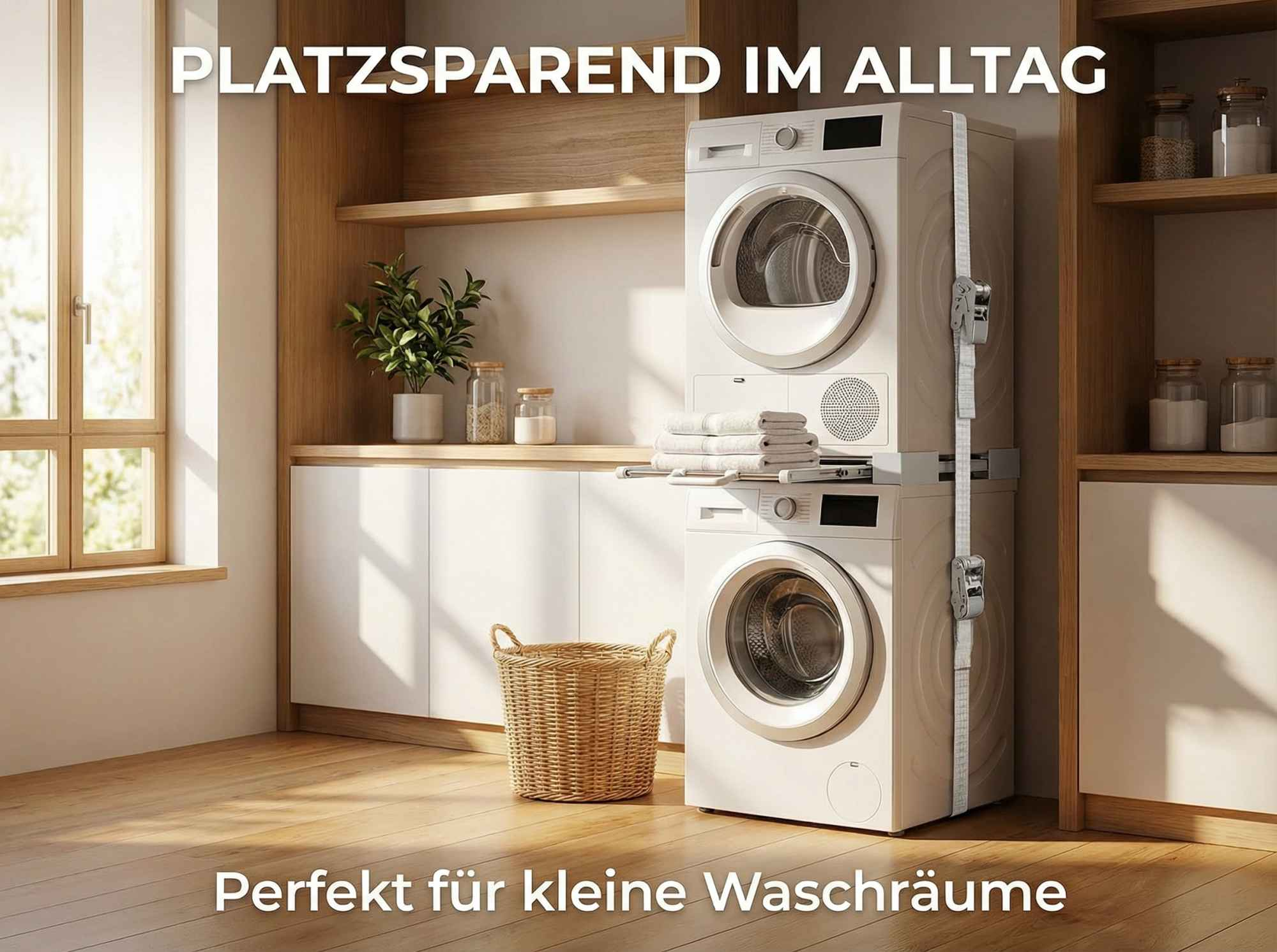 Platzsparender Trockner und Waschmaschine übereinander in einem kleinen Waschraum.