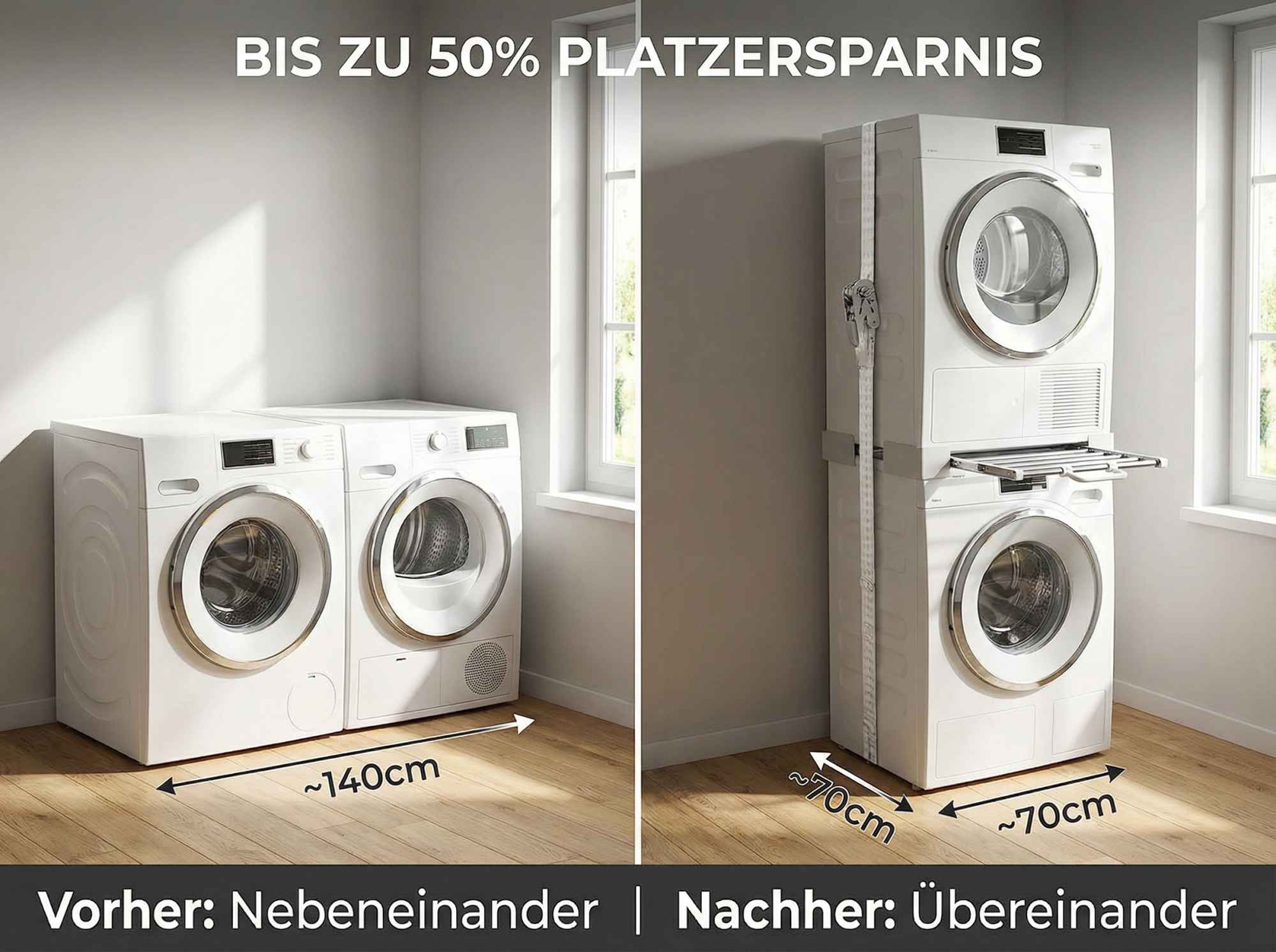 Vorher 140cm nebeneinander, nachher 70cm übereinander.