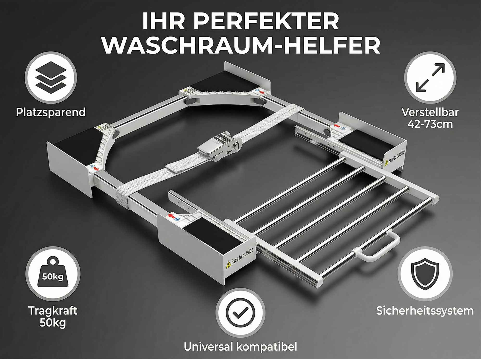 Verstellbare Wäscheleine mit 50kg Tragkraft. Platzsparend und universell kompatibel.