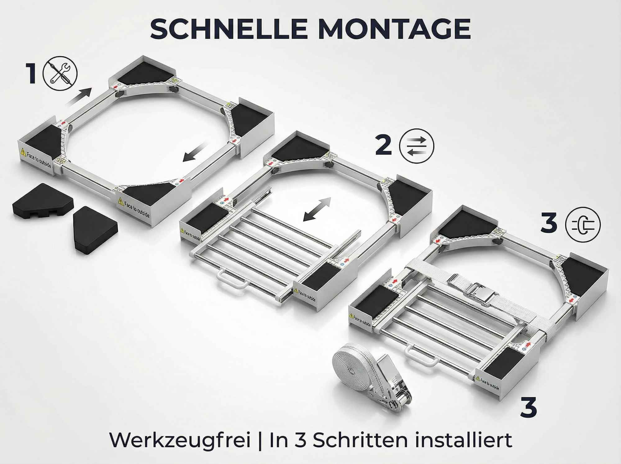 Montageständer für Geräte in drei Schritten, werkzeugfrei.