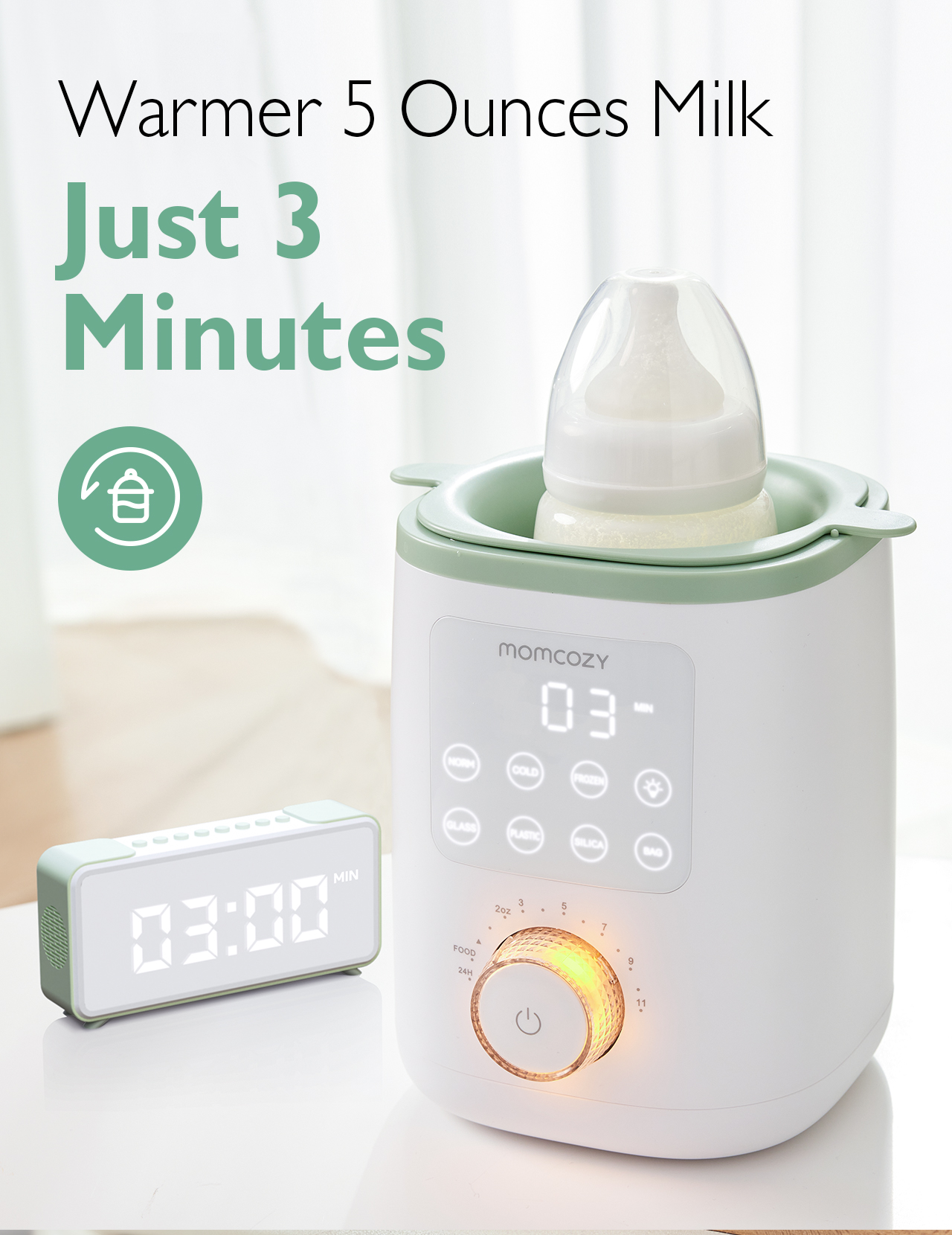 Ein weißer Babyflaschenwärmer mit Babyflasche und digitaler Zeitschaltuhr.