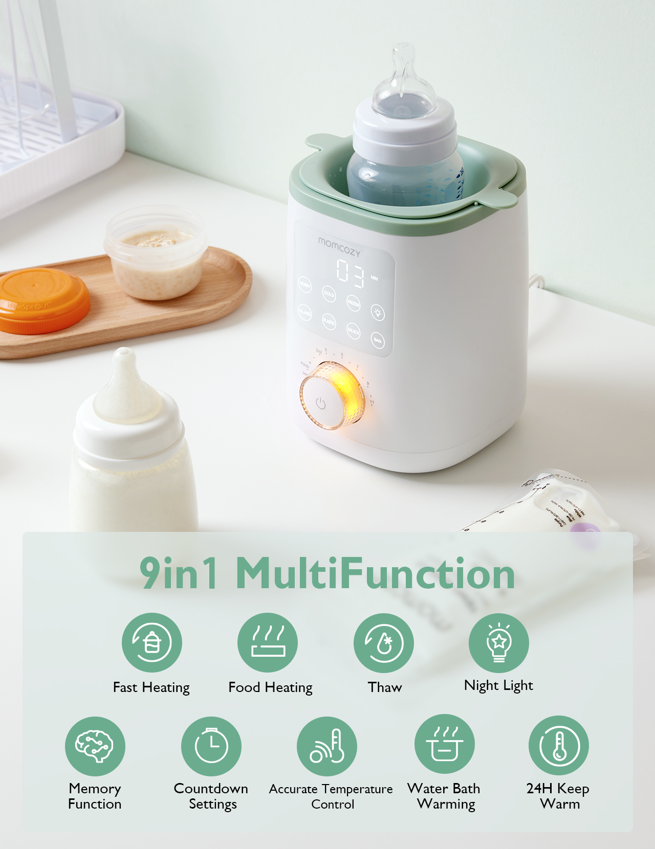 Babyflaschenwärmer mit digitaler Anzeige, daneben ein Babyfläschchen und etwas Essen.