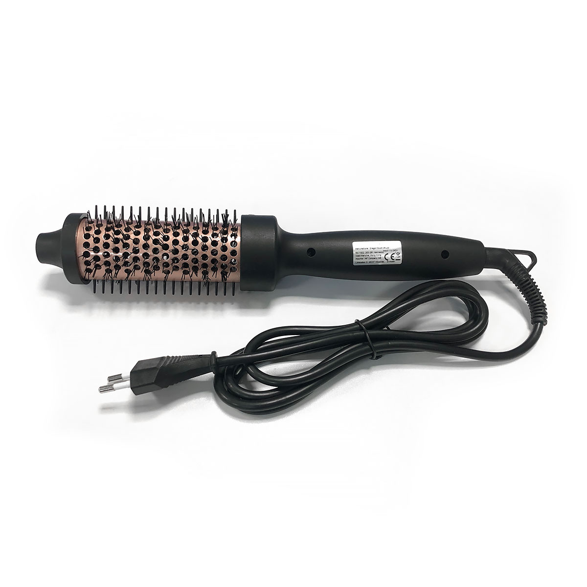A black electric hot brush with a bronze-colored barrel.