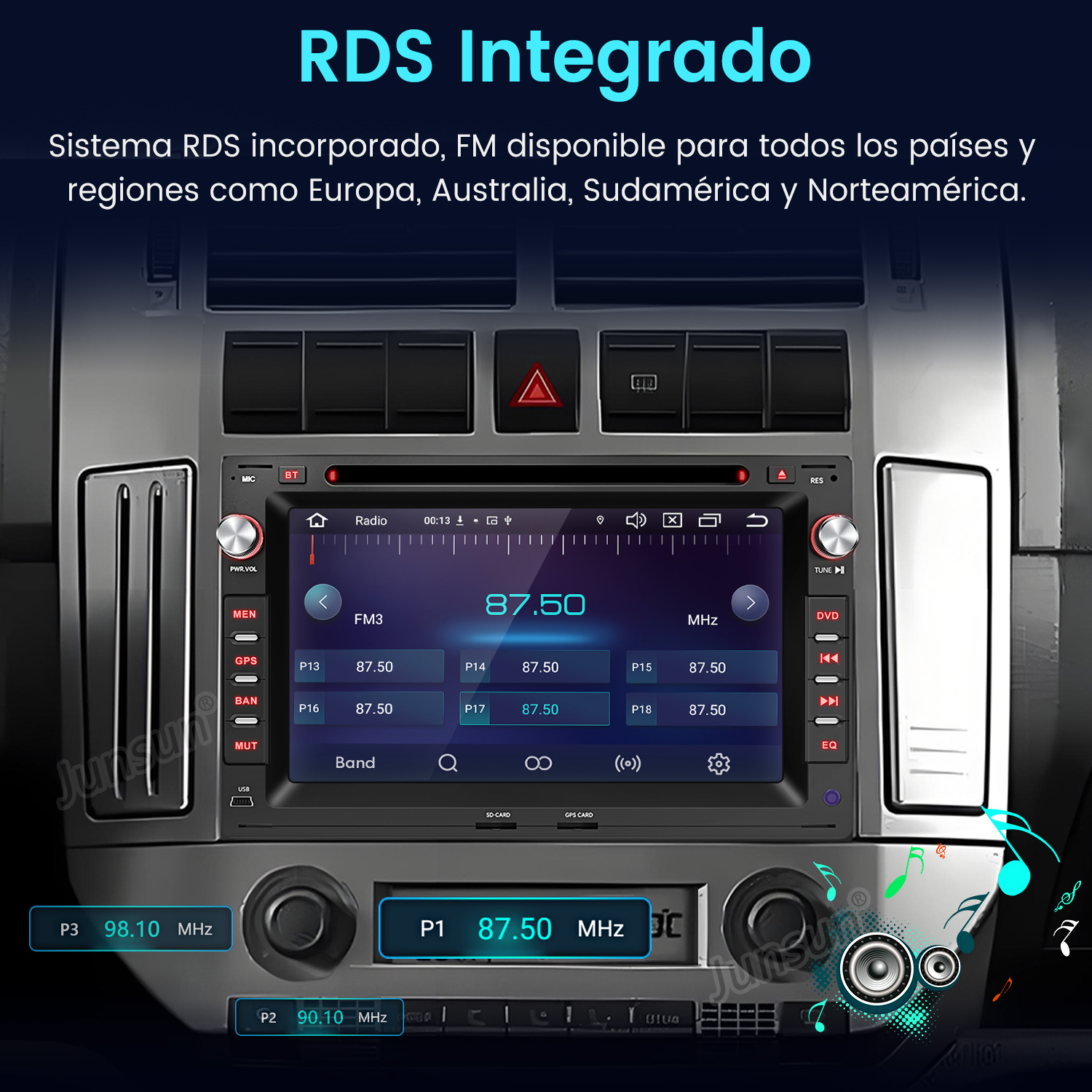 Radio de coche con pantalla táctil mostrando radio FM de 87.50 MHz. Botones visibles.