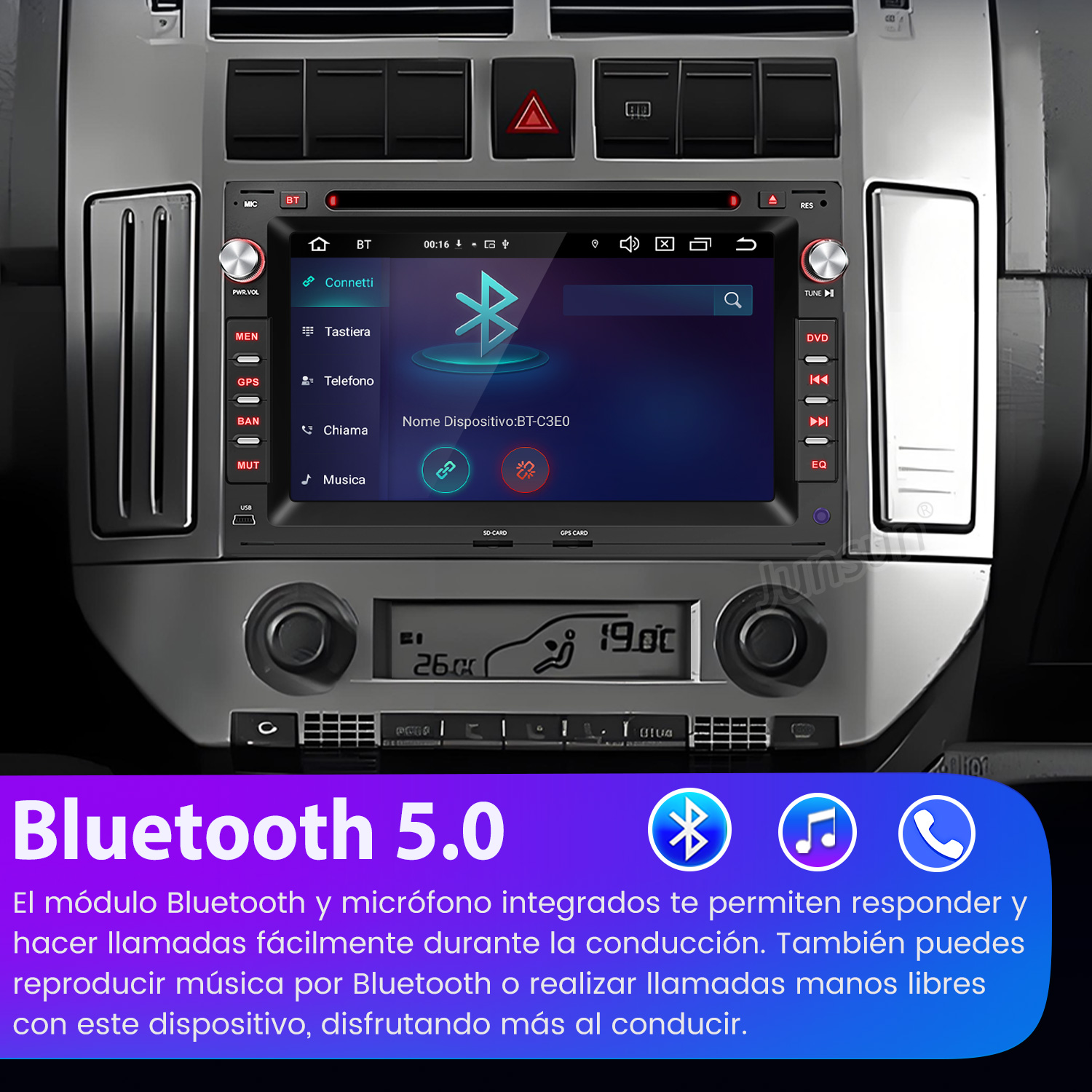 Un autorradio con pantalla táctil muestra opciones Bluetooth. "Bluetooth 5.0" está abajo.