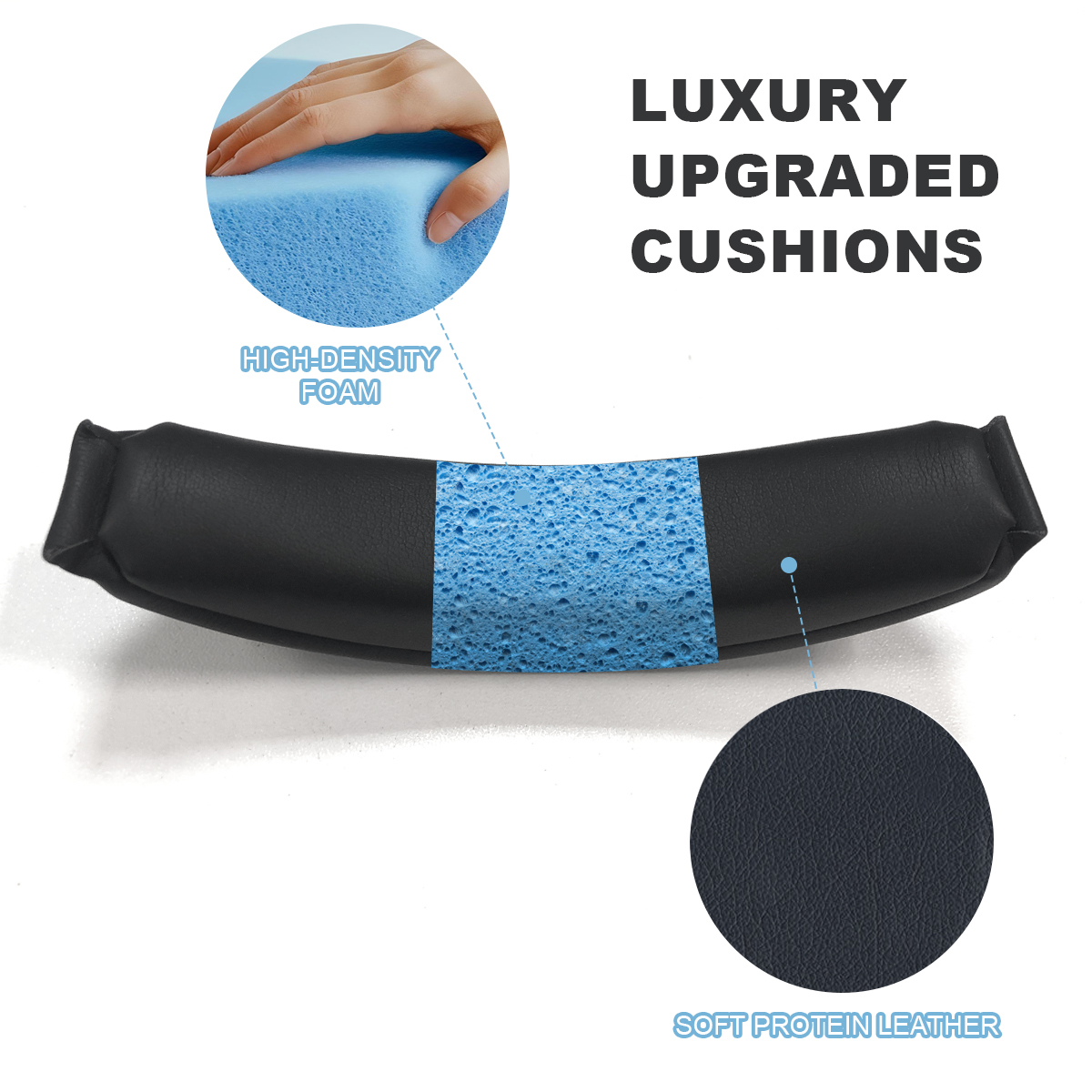 Czarna poduszka z niebieskim rdzeniem piankowym i detalami ze skóry.