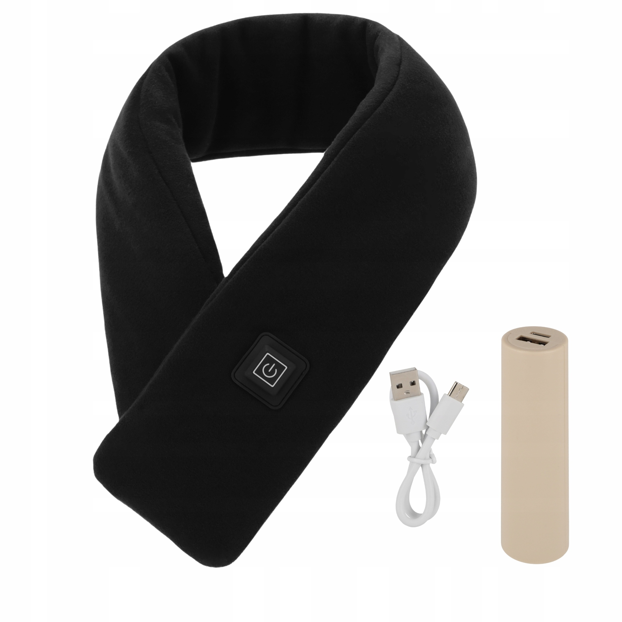 Czarny szalik podgrzewany z powerbankiem i kablem USB.
