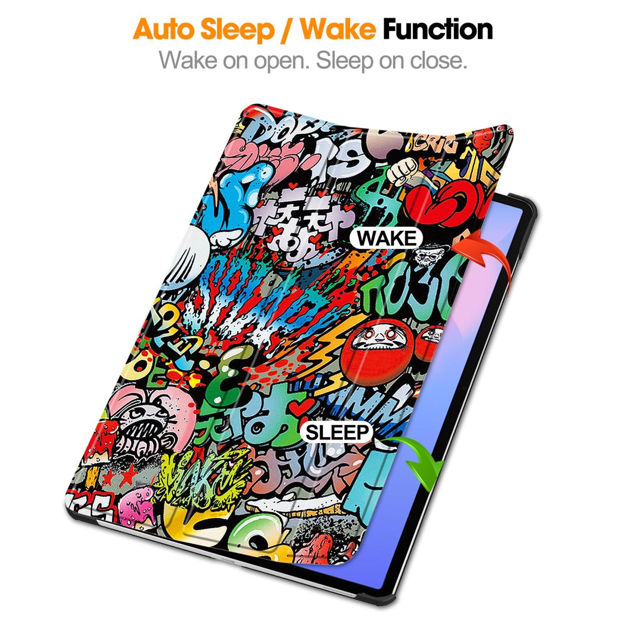 Funda para tableta con estampado de grafiti, mostrando funciones "Wake" y "Sleep".