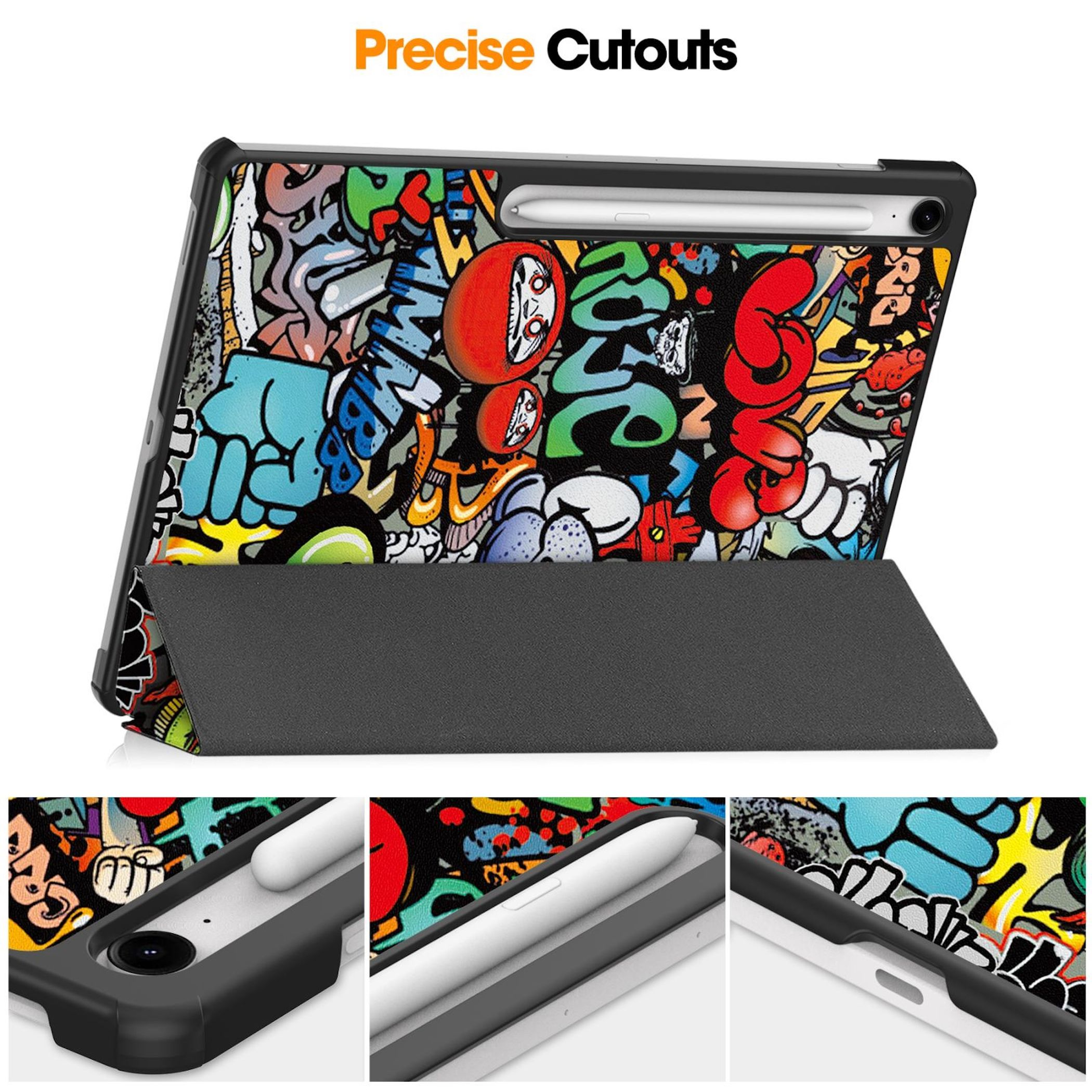 Funda para tableta con diseño de graffiti y soporte para lápiz, con tres vistas detalladas.