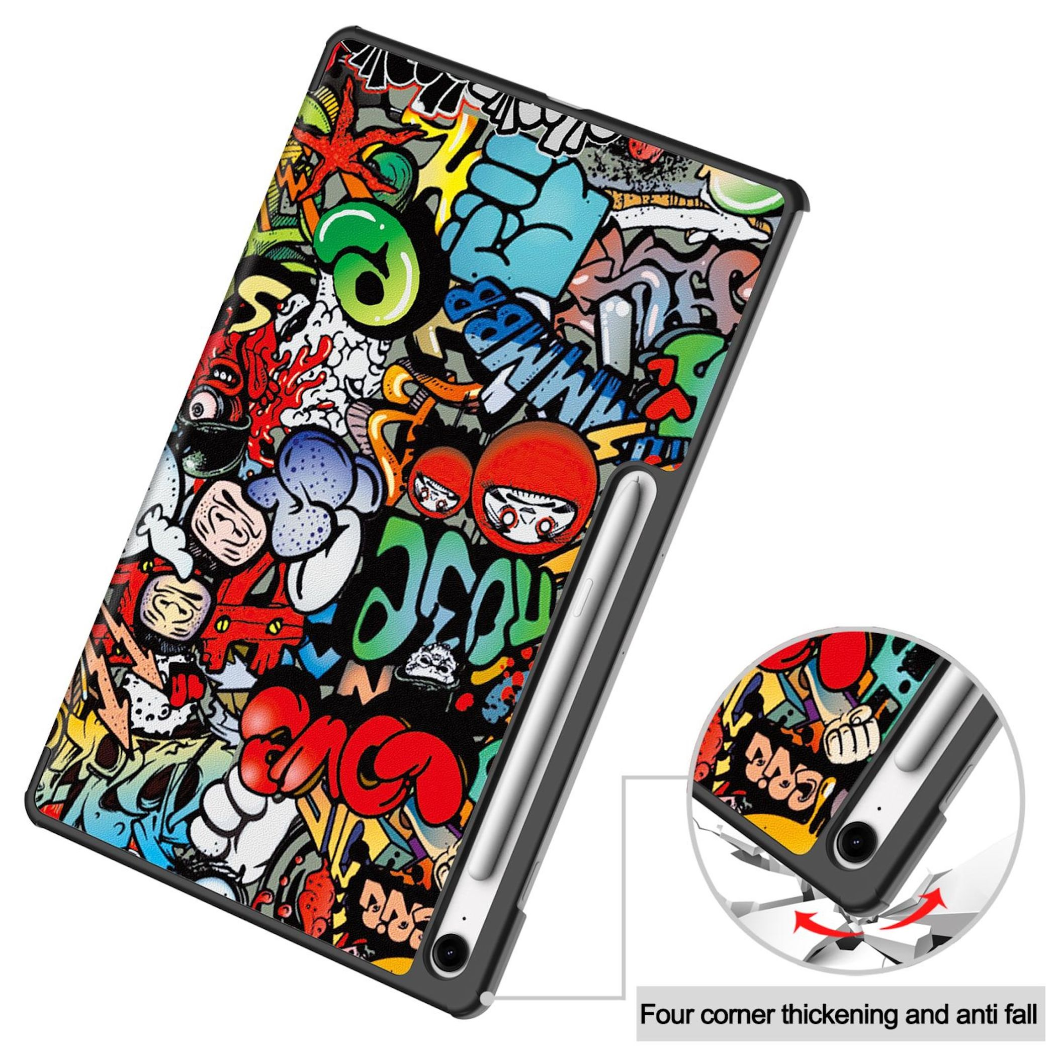 Funda para tableta con diseño de grafiti, soporte para lápiz y protección.
