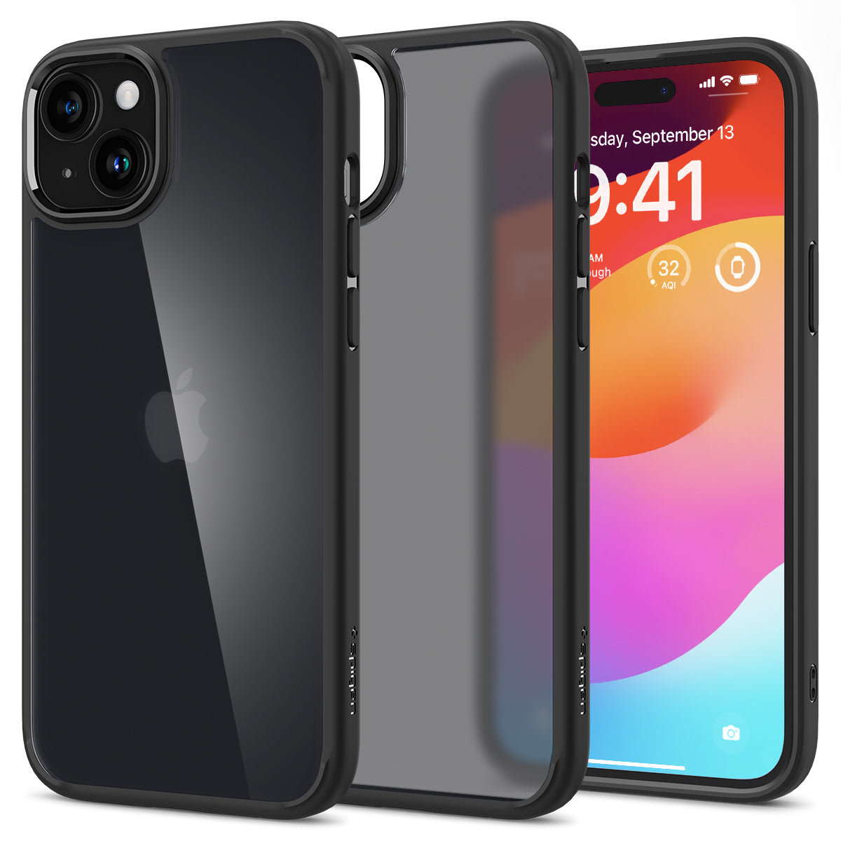 Drei iPhone-Hüllen nebeneinander, eine davon transparent, mit beleuchtetem Bildschirm.