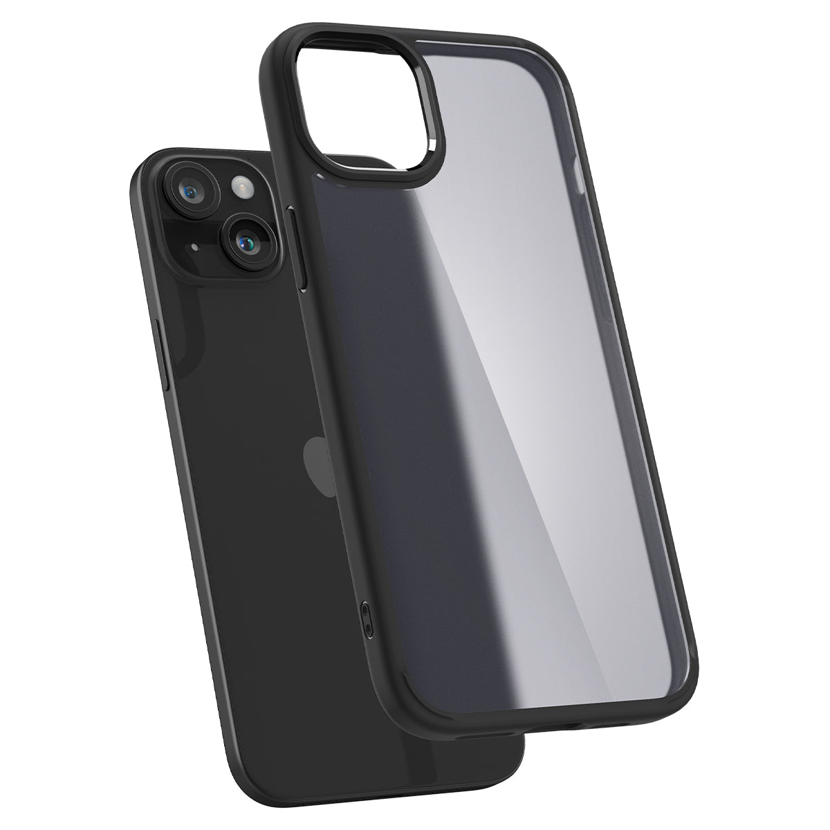Ein schwarzes Smartphone mit einer durchsichtigen Hülle, auf weißem Hintergrund.