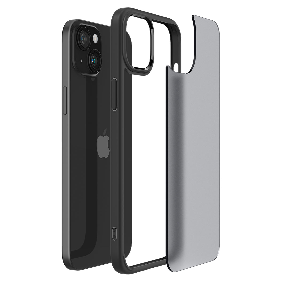 Schwarzes iPhone mit silberner Hülle, die daneben liegt.