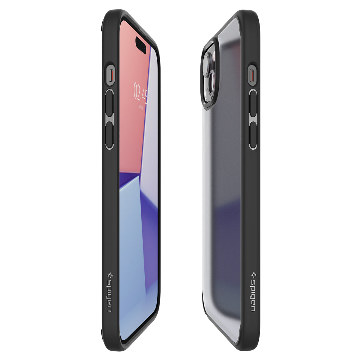 Ein schwarzes Handy mit einem transparenten Gehäuse, das auf einem weißen Hintergrund gezeigt wird.