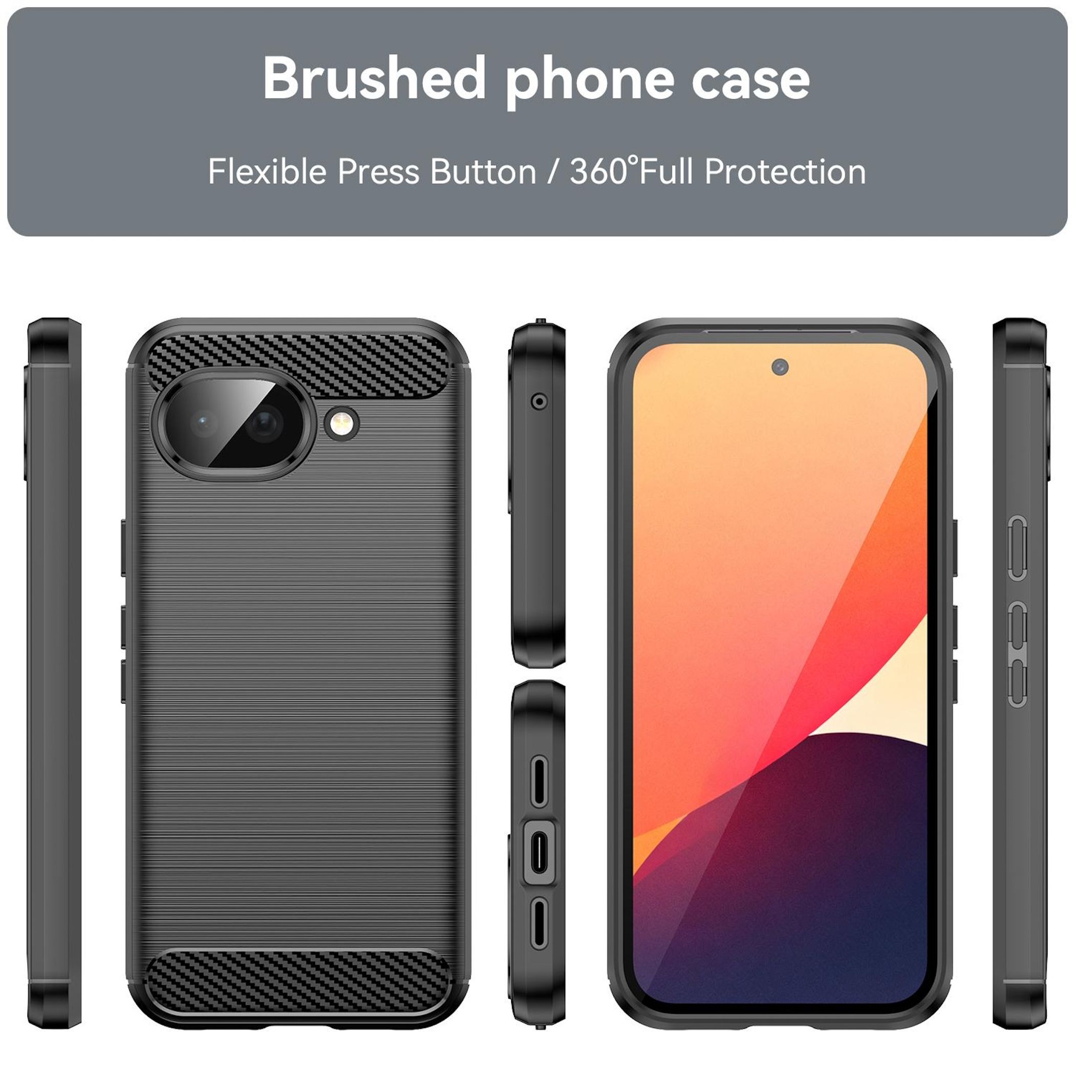 Schwarze Handyhülle mit Bürstenmuster, verschiedene Ansichten. Ein Handy ist eingelegt.
