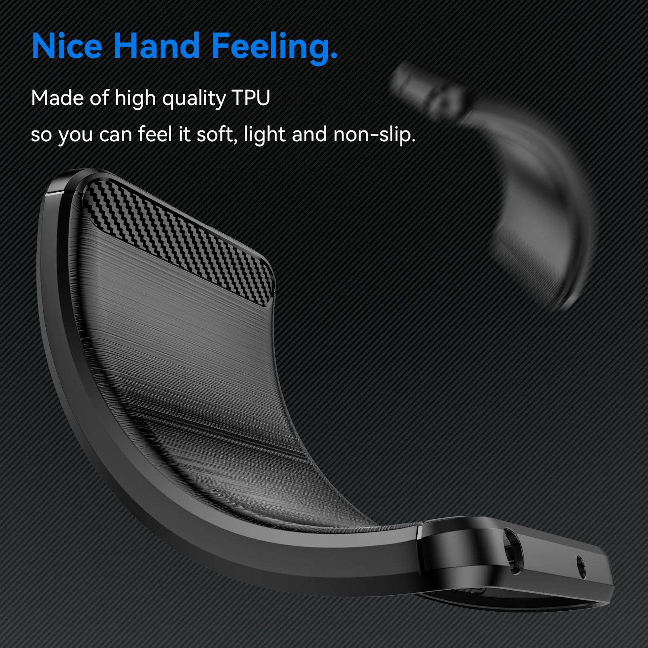 Schwarzes Handy-Case mit Carbon-Muster auf dunklem Hintergrund.